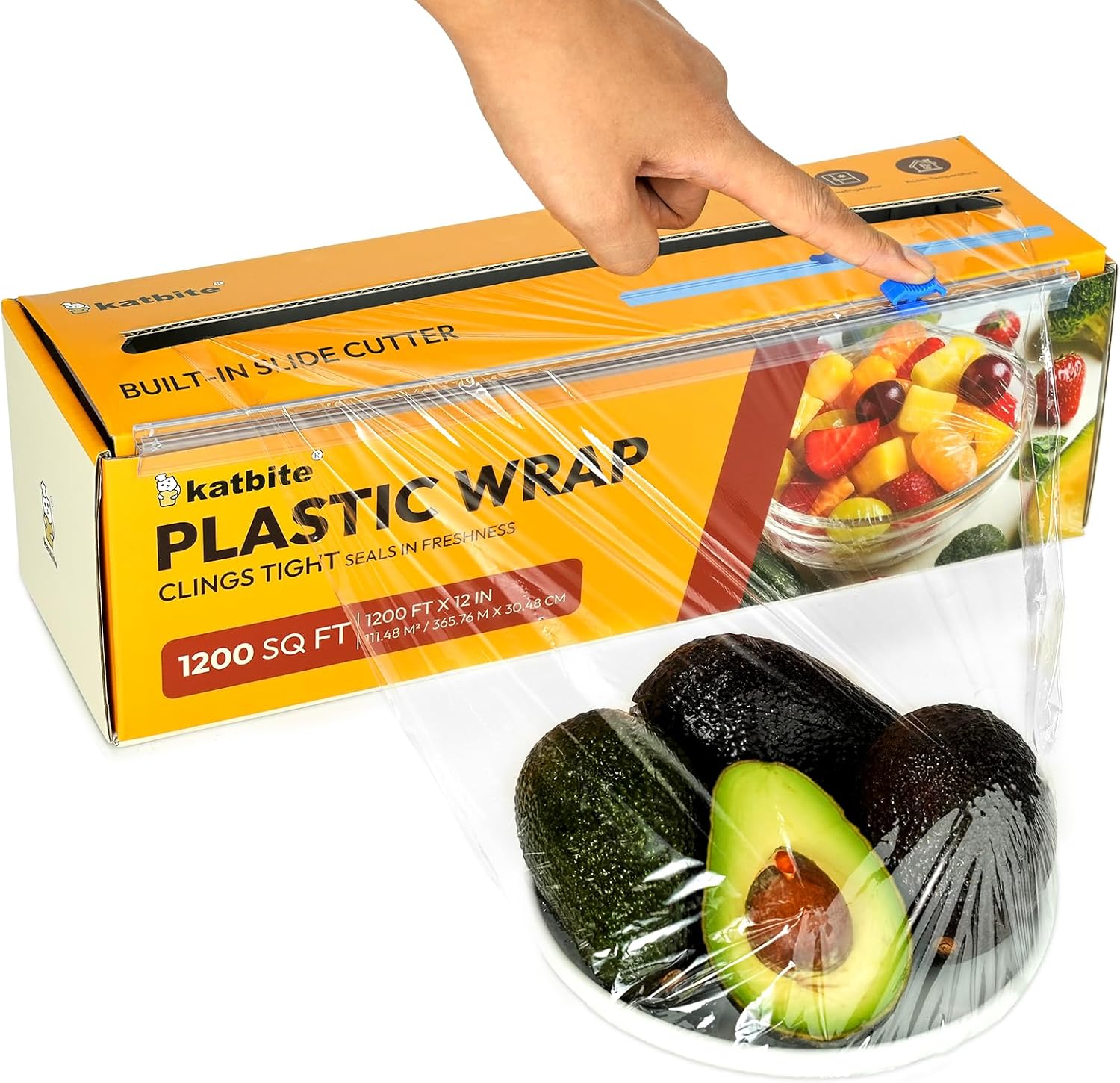 Katbite Plastic Wrap with Removable Slide Cutter, 12" x 1200ft BPA-Free Cling Film Roll, Durable Stretch for Home & Commercial Use