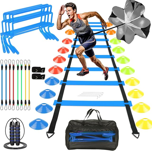 YGORTECH Speed Agility Training Set, Football Training Equipment, Agility Ladder, Resistance Parachute, 20 Disc Cones, Leg Resistance Bands, 4 Adjustable Hurdles, Jumping Rope & Carry Bag