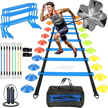 Speed Agility Training Set, Football Training Equipment, Agility Ladder, Resistance Parachute, 20 Disc Cones, Leg Resistance Bands, 4 Adjustable Hurdles, Jumping Rope & Carry Bag