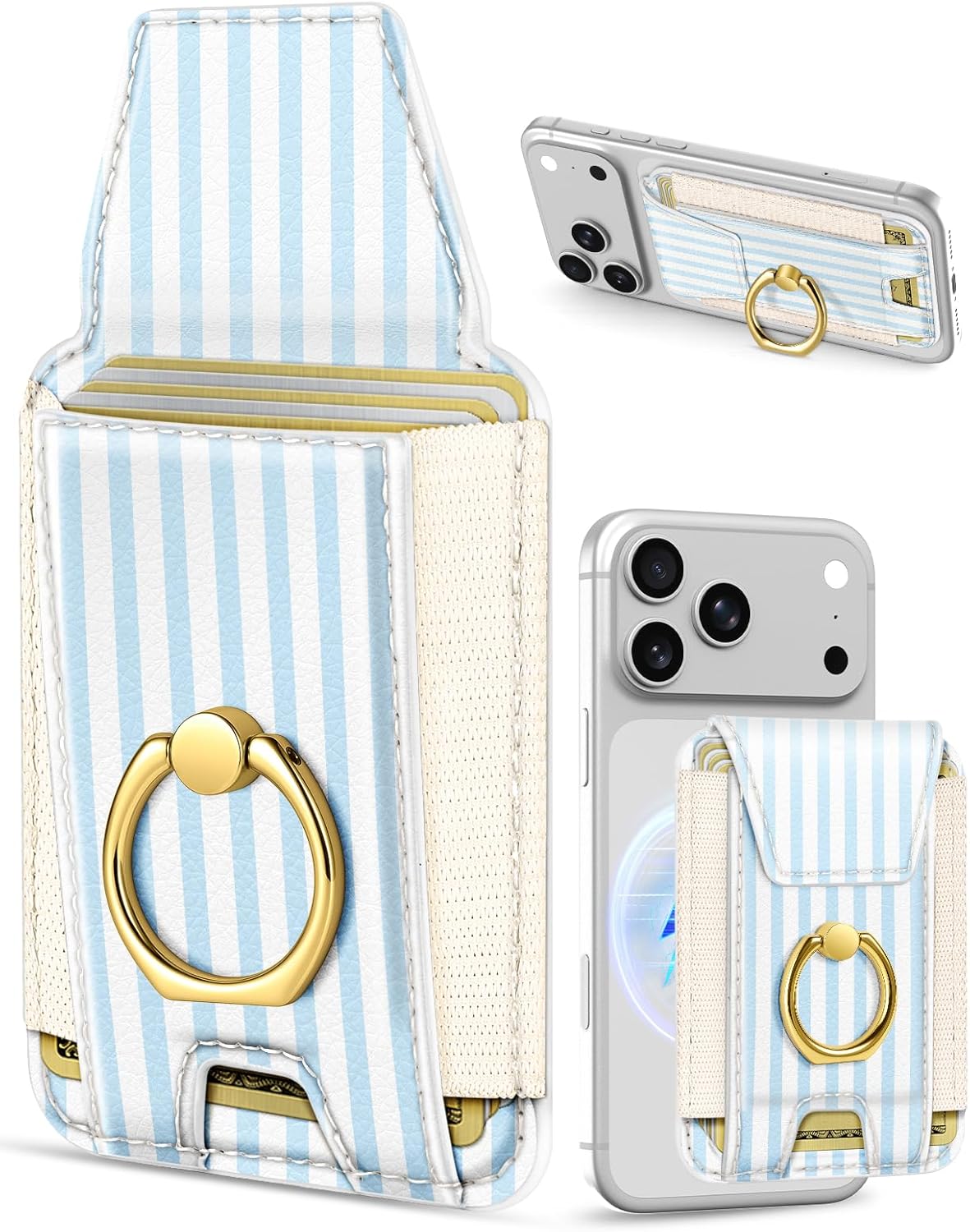Shorogyt Compatible with Magsafe Wallet with Ring Grip Magnetic Card Holder - Cute Phone Wallets with Stand for iPhone 17/16/15/14/13/12 Series for Women Girls Blue White Design, Fit 7 Cards
