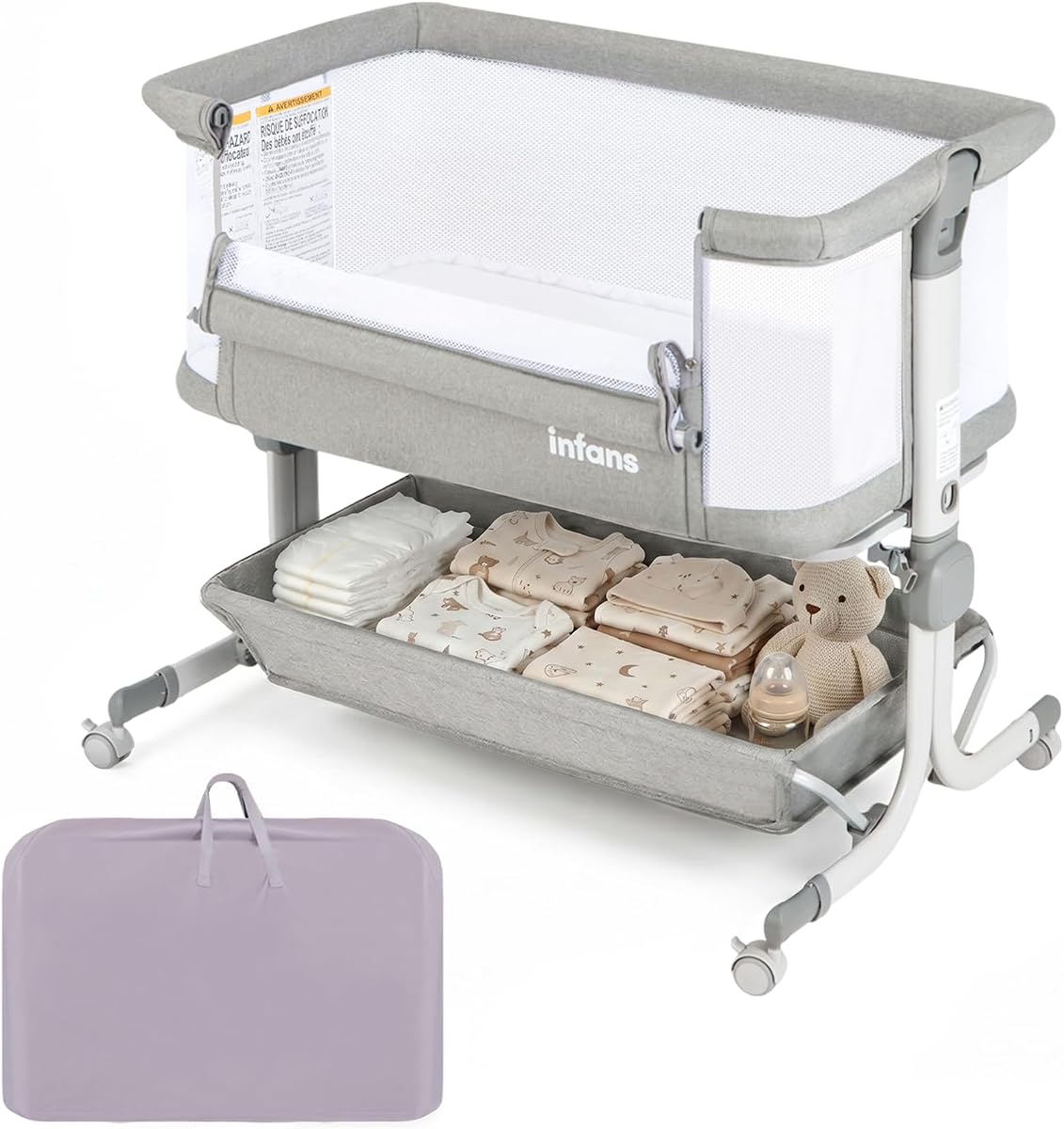 INFANS 3 in 1 Baby Bassinet, Bedside Sleeper with Comfy Mattress, Wheels, 6 Height Adjustable, Storage Basket, Travel Bag, Portable All Mesh Crib for Newborn Infant (Gray)
