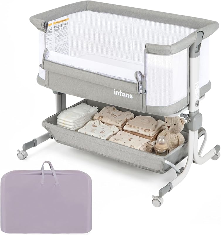 INFANS 3 in 1 Baby Bassinet, Bedside Sleeper with Comfy Mattress, Wheels, 6 Height Adjustable, Storage Basket, Travel Bag, Portable All Mesh Crib for Newborn Infant (Gray)