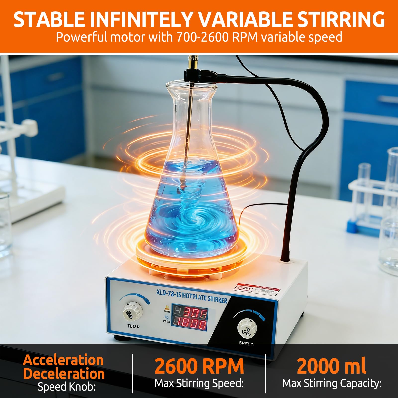 Agitatore Magnetico con Piastra Riscaldante, Display Digitale 700-2600 RPM | Capacità 2L, Mixer da Laboratorio 100℃ 180W, Agitatori da Laboratorio Asta Supporto Sensore Pieghevole, Controllo a Manopole