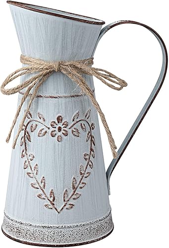 Yoillione Jarrón de metal, jarrón azul claro con asa, florero rústico para decoración del jardín del hogar, pequeño jarrón de lata para boda