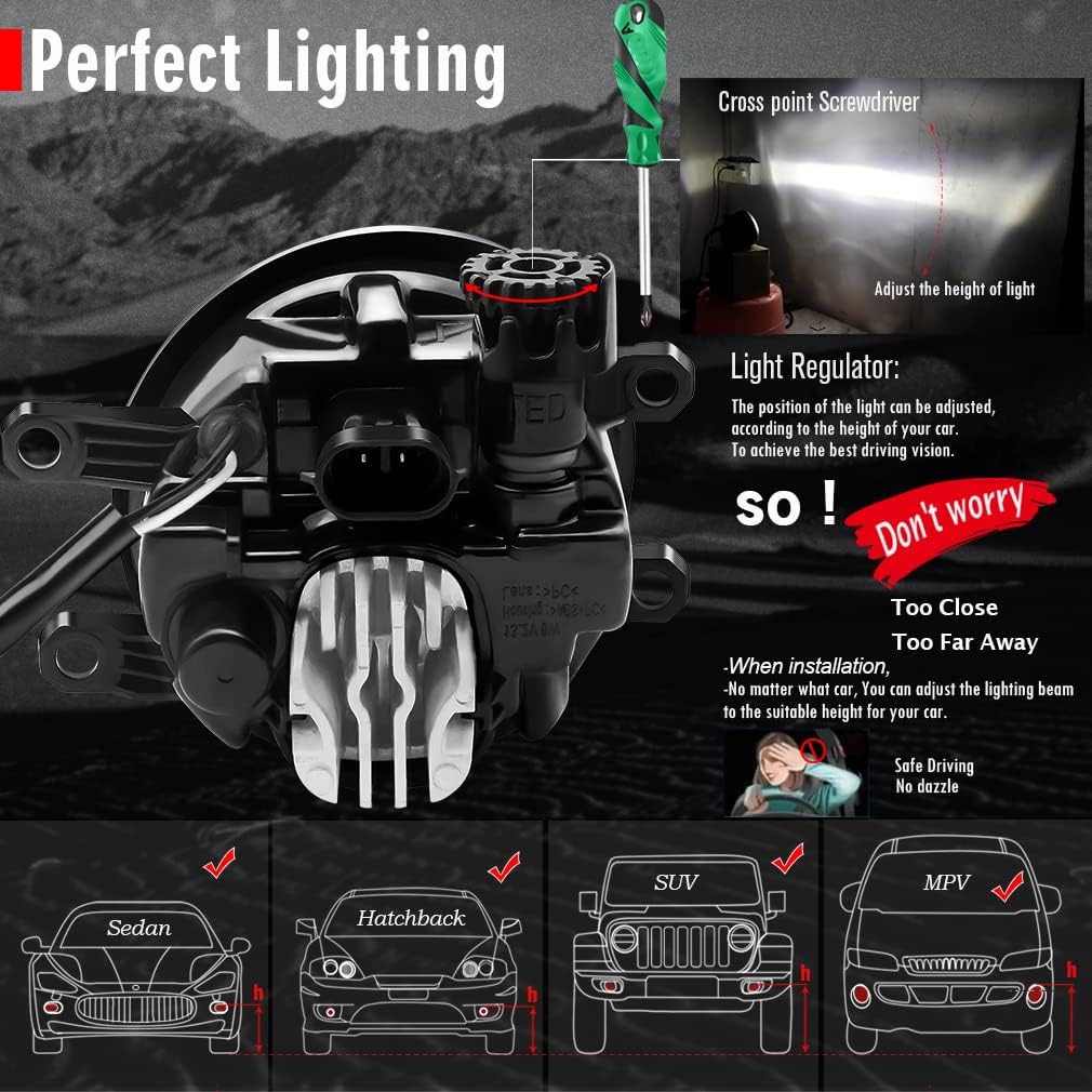 LED Lens Fog Light with Halo Ring Angel Eye Replacement for Toyota RAV4 Highlander Sienna 4Runner Tacoma Tundra Camry Corolla Lexus RX350 RX450h ES350 ES300h IS250 IS350