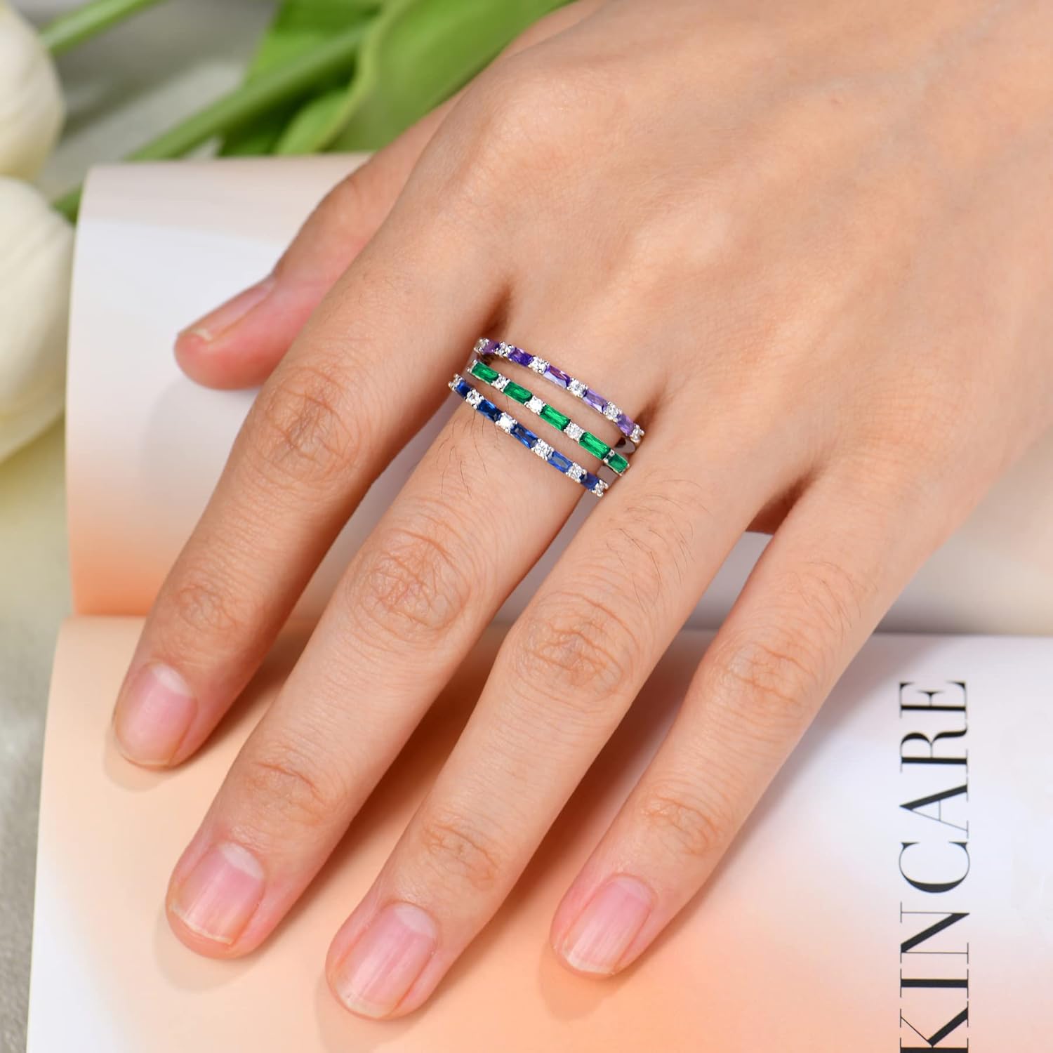 JO WISDOM 925 Sterling Silver Wedding Band for Women Thin Stacking Ring Half Cubic Zirconia Eternity Engagement Ring - Image 2