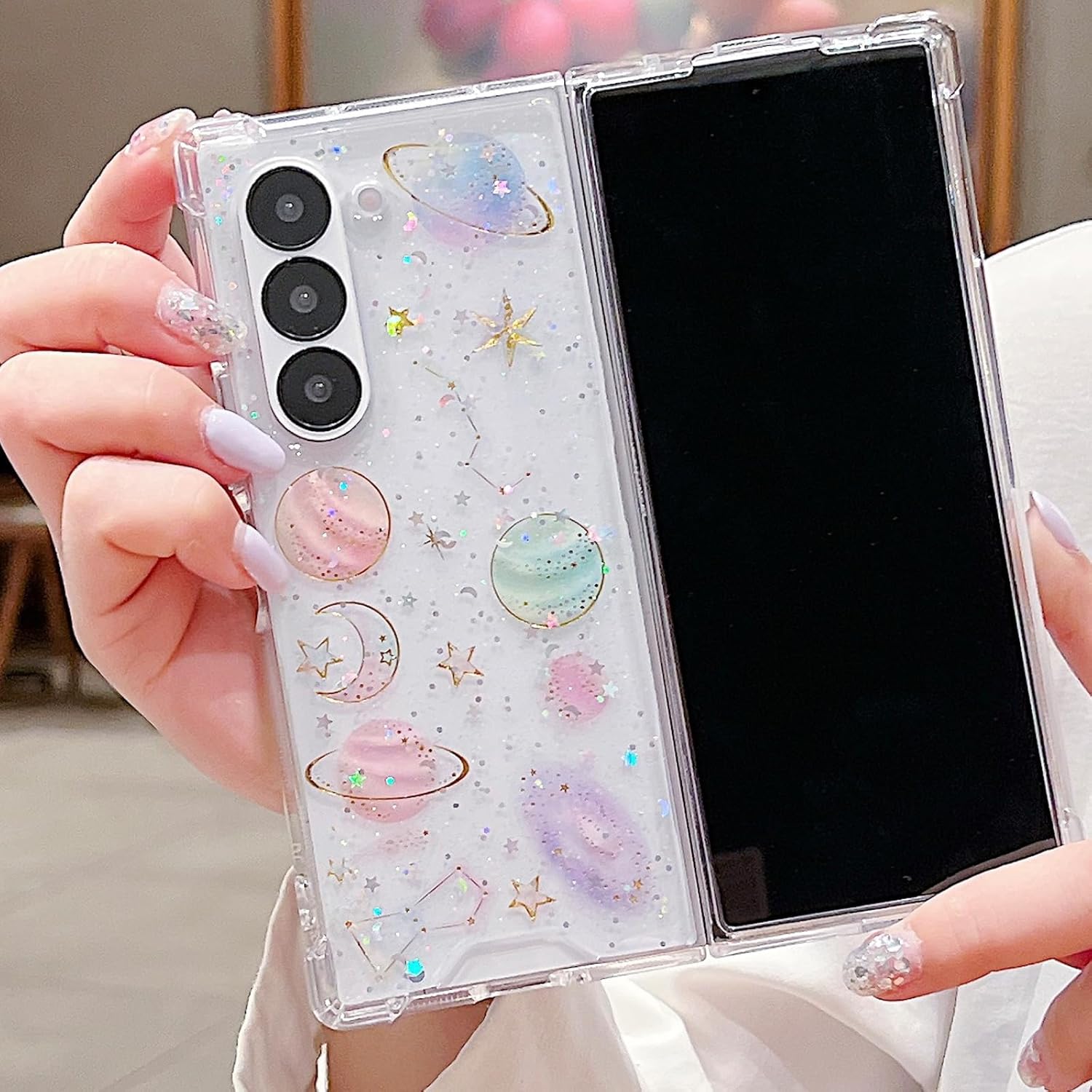 for Samsung Galaxy Z Fold 7 Clear Glitter Case,Cute Bling Sparkle Planet Space Stars Moon Universe Pattern Soft TPU Bumper Shockproof Women Girls Protective Case for Galaxy Z Fold 7 5G,Planet - Image 2