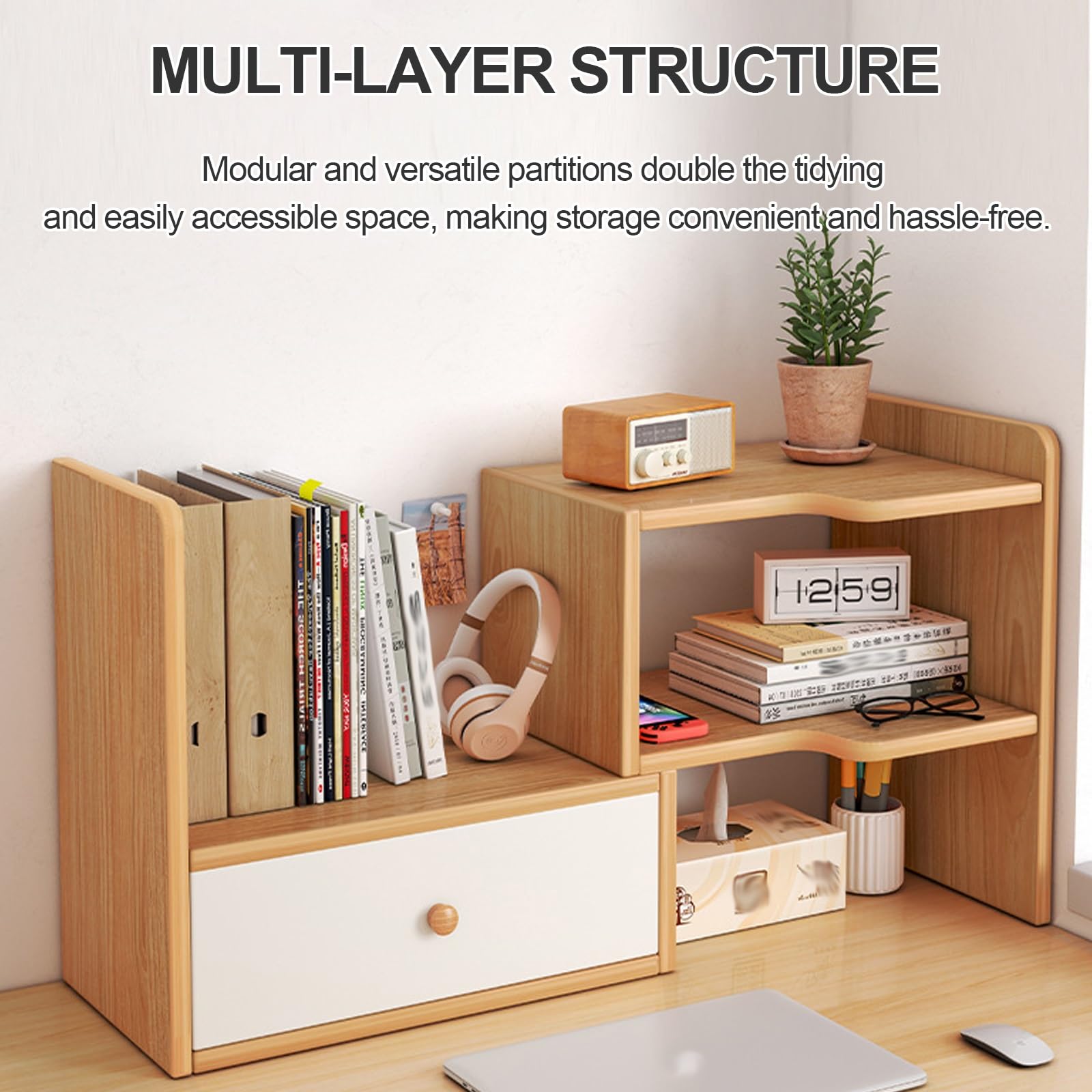 Schreibtisch-Organizer aus Holz, mit Schubladen, platzsparend, für Bücher und Bürobedarf, stilvolles Gitterregal für Zuhause, Wohnheim, Arbeitszimmer und Schminktisch (linkes Modell)