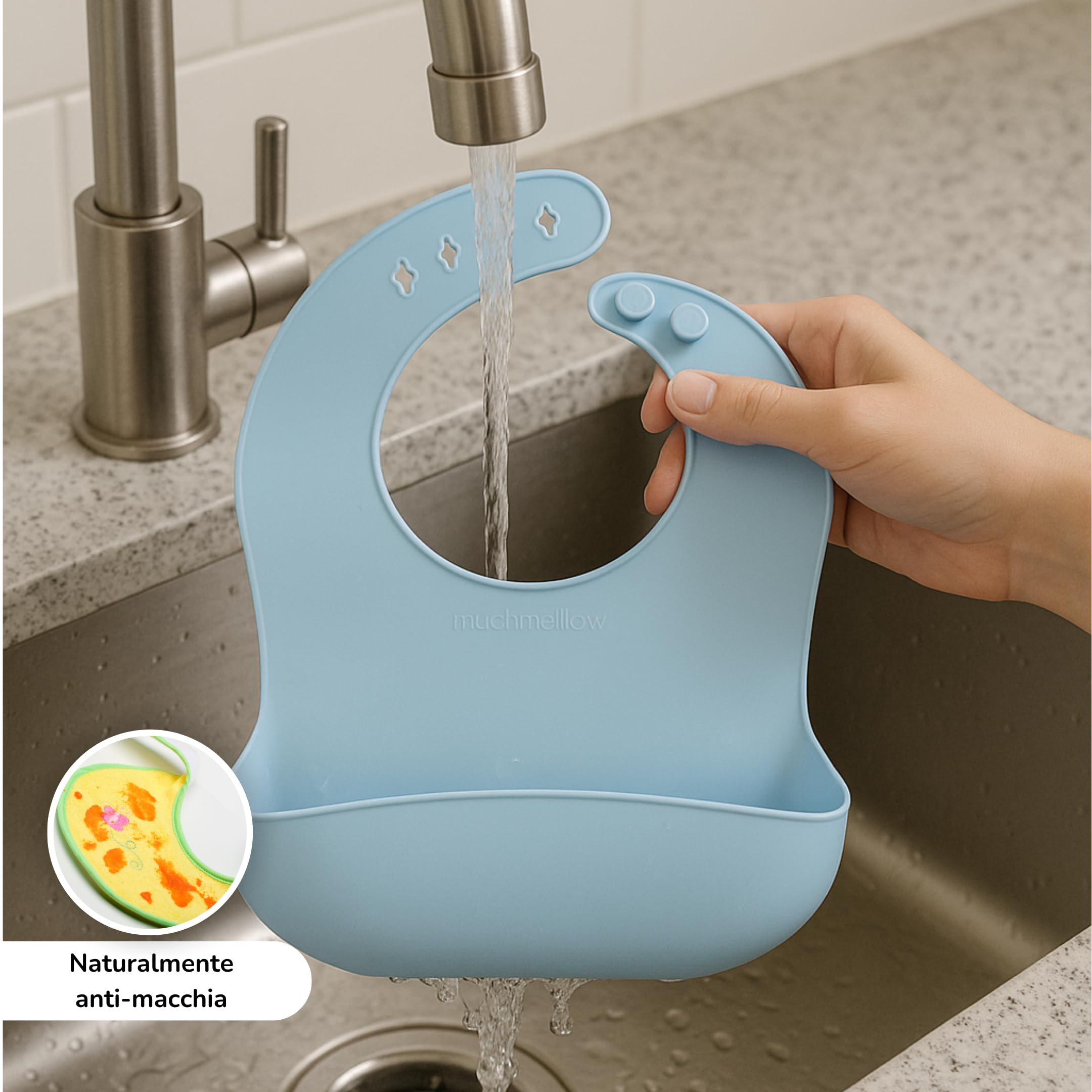 Muchmellow - Set Pappa Silicone MADE IN ITALY 3 pezzi, Ciotola con Ventosa Anticaduta, Cucchiaio, Bavaglino Regolabile, Svezzamento, Plastic Free, BPA Free, Lavabile Lavastoviglie (Verde)