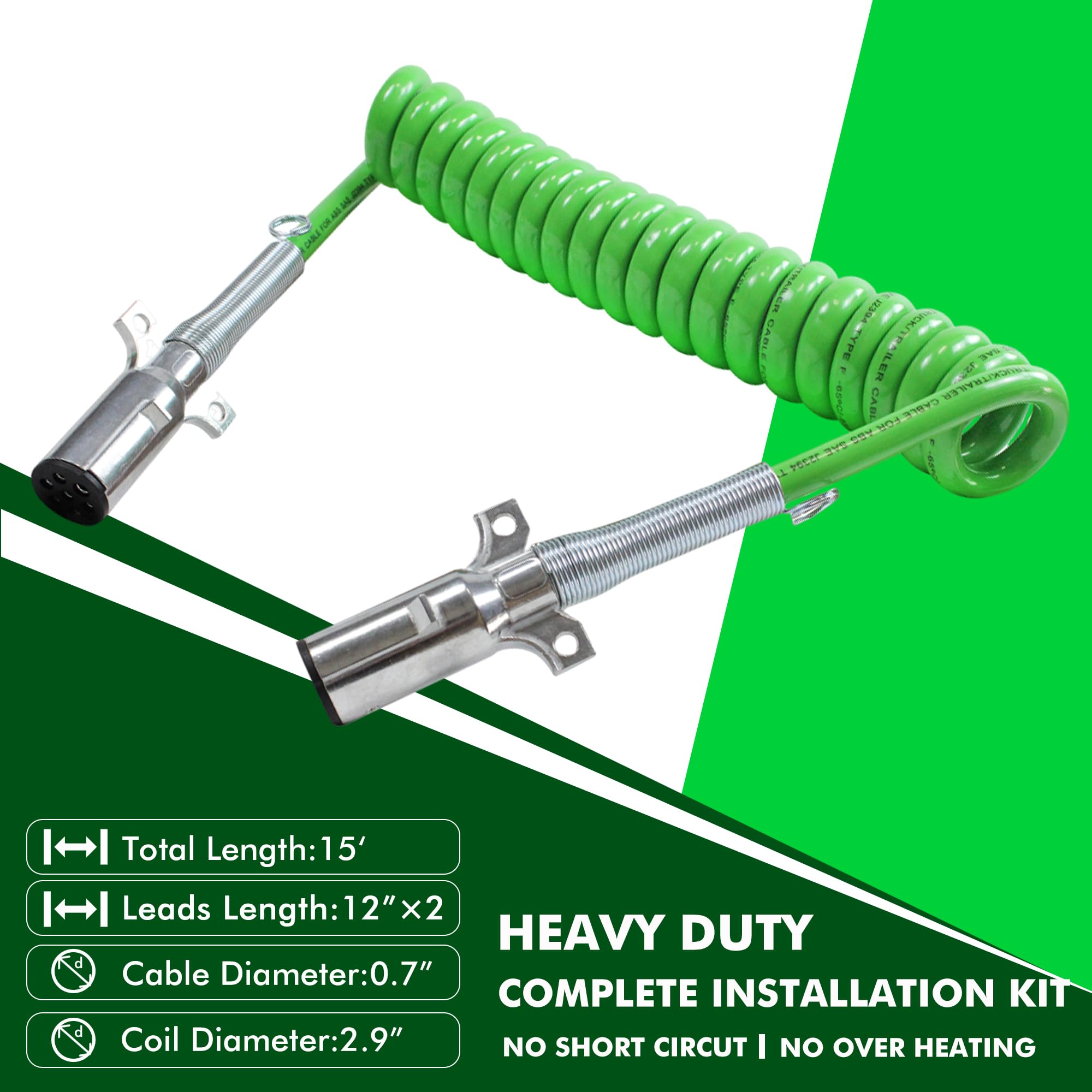ABS Cold Resistant Cable PlugSaf 7-Way Coiled - 15ft Heavy Duty ABS Cable For Semi Trucks & Trailers Trailer Cord