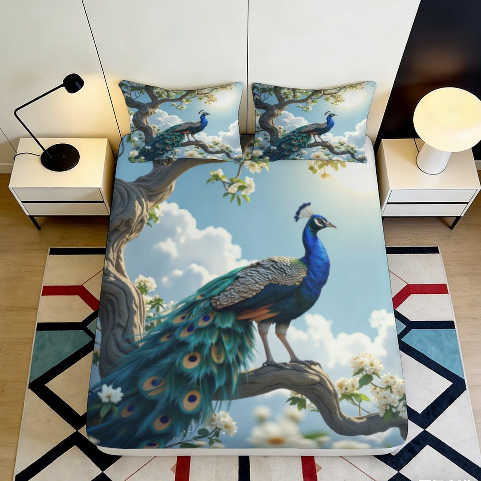 3D Printed Peacock Tree Fitted Sheet Microfiber Deep Pocket Mattress Cover Anti-Slip Washable for Bedroom Guestroom Decor 90x200x25cm