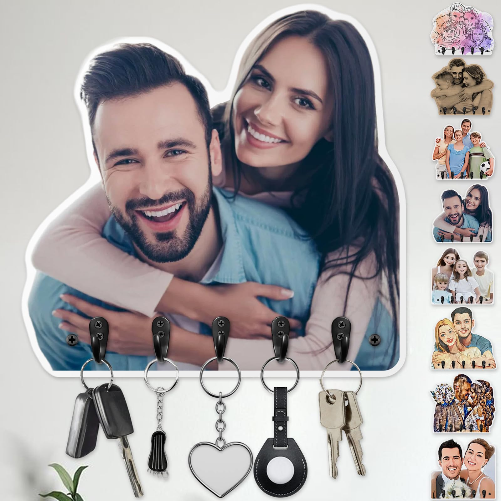 Personalized Key Holder for Wall Custom Photo Wooden Key Rack Hanger, 5 Metal Hooks Customized Picutre Frame Key Holders Wall Mount Gifts for Housewarming Birthday Christmas Valentine's Day