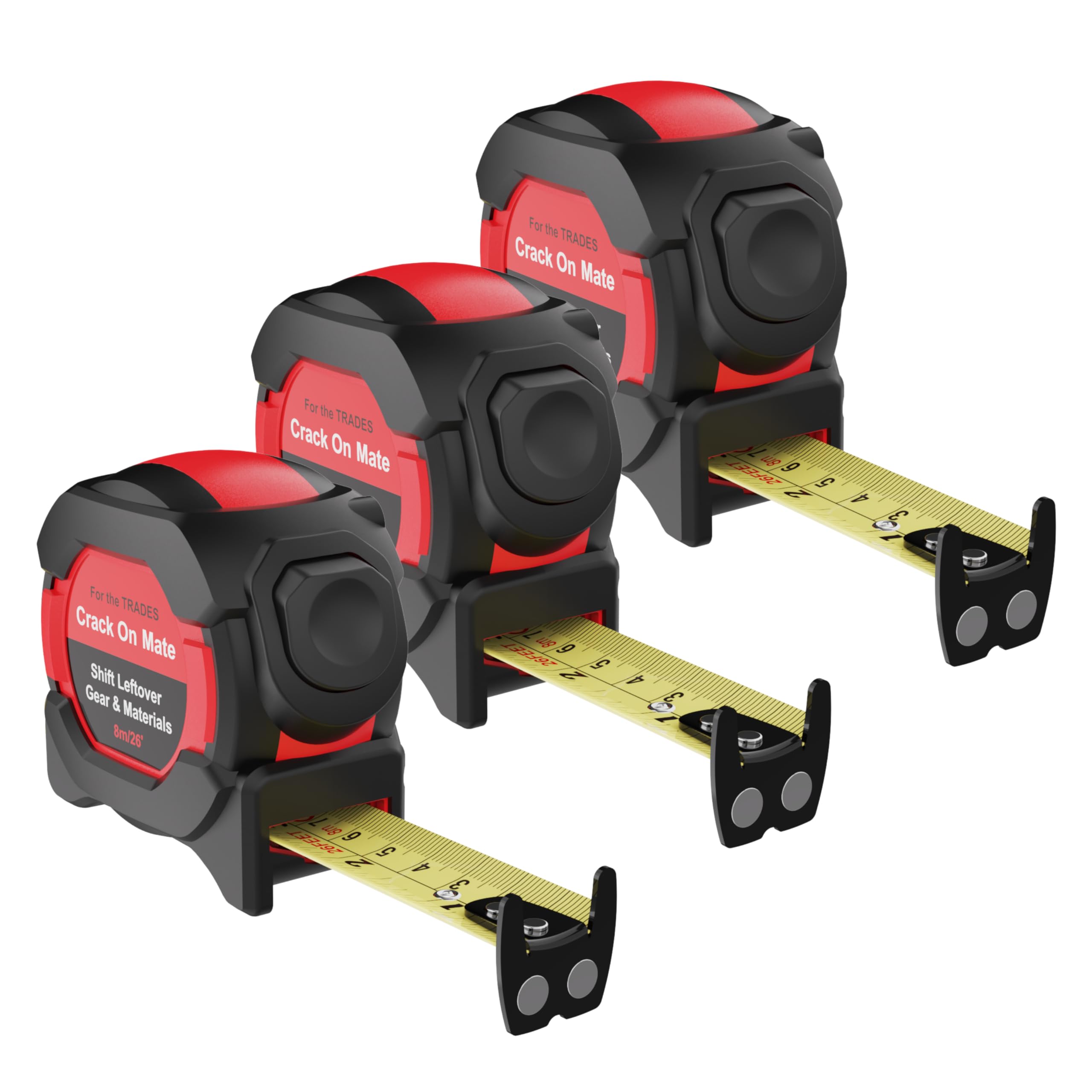 Crack On Mate - 8m Tape Measure 26ft - Auto Lock Magnetic Measuring Tape, Magnetic Hook, 25mm Double Sided Nylon Coated Blade, Class 2 Accuracy, Shockproof Case, Belt Clip - 3 Pack