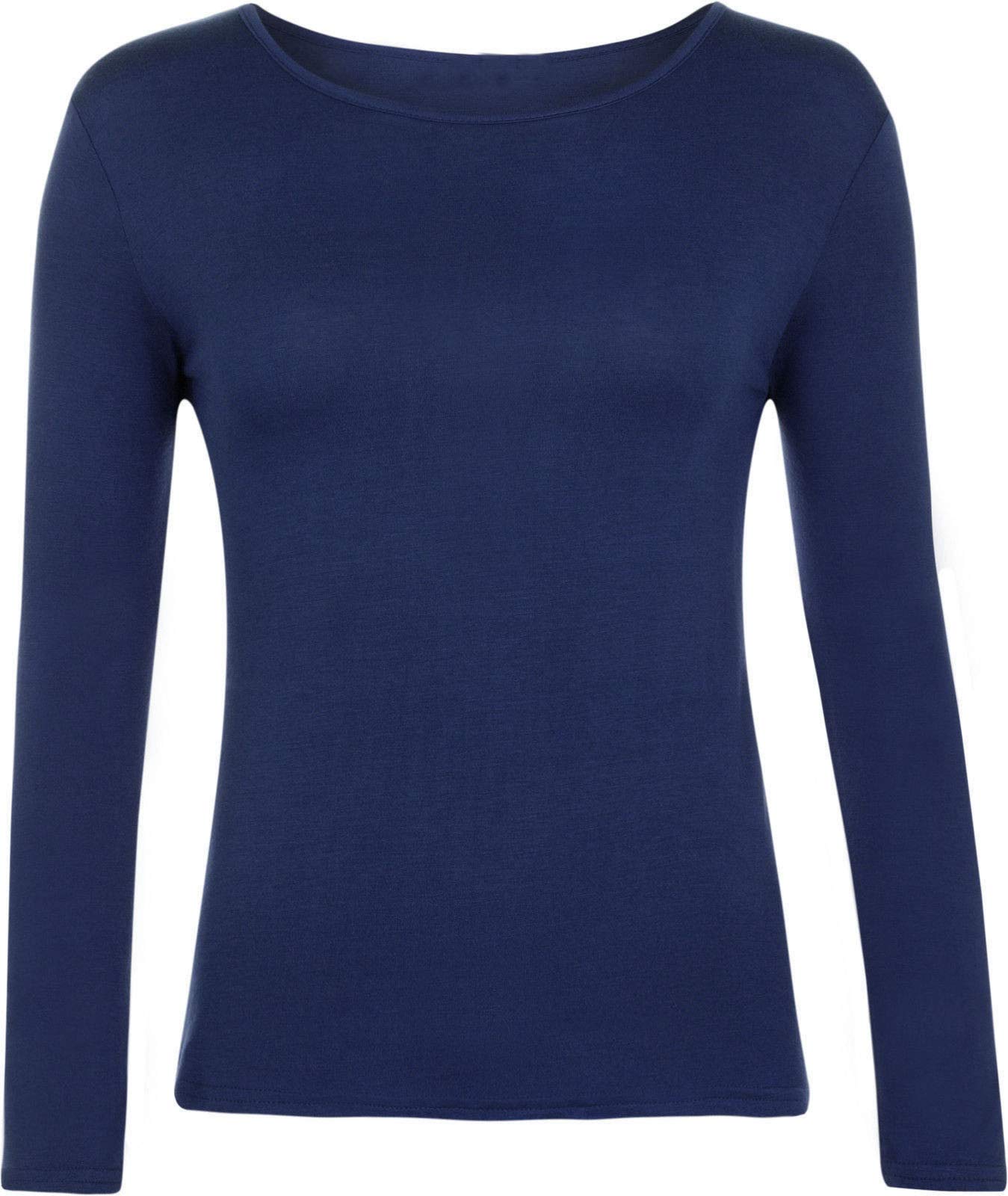 Ladies Women Basic Long Sleeve Plain Round Neck Ladies Stretch Plus Size Top T Shirt (Navy, 3XL)