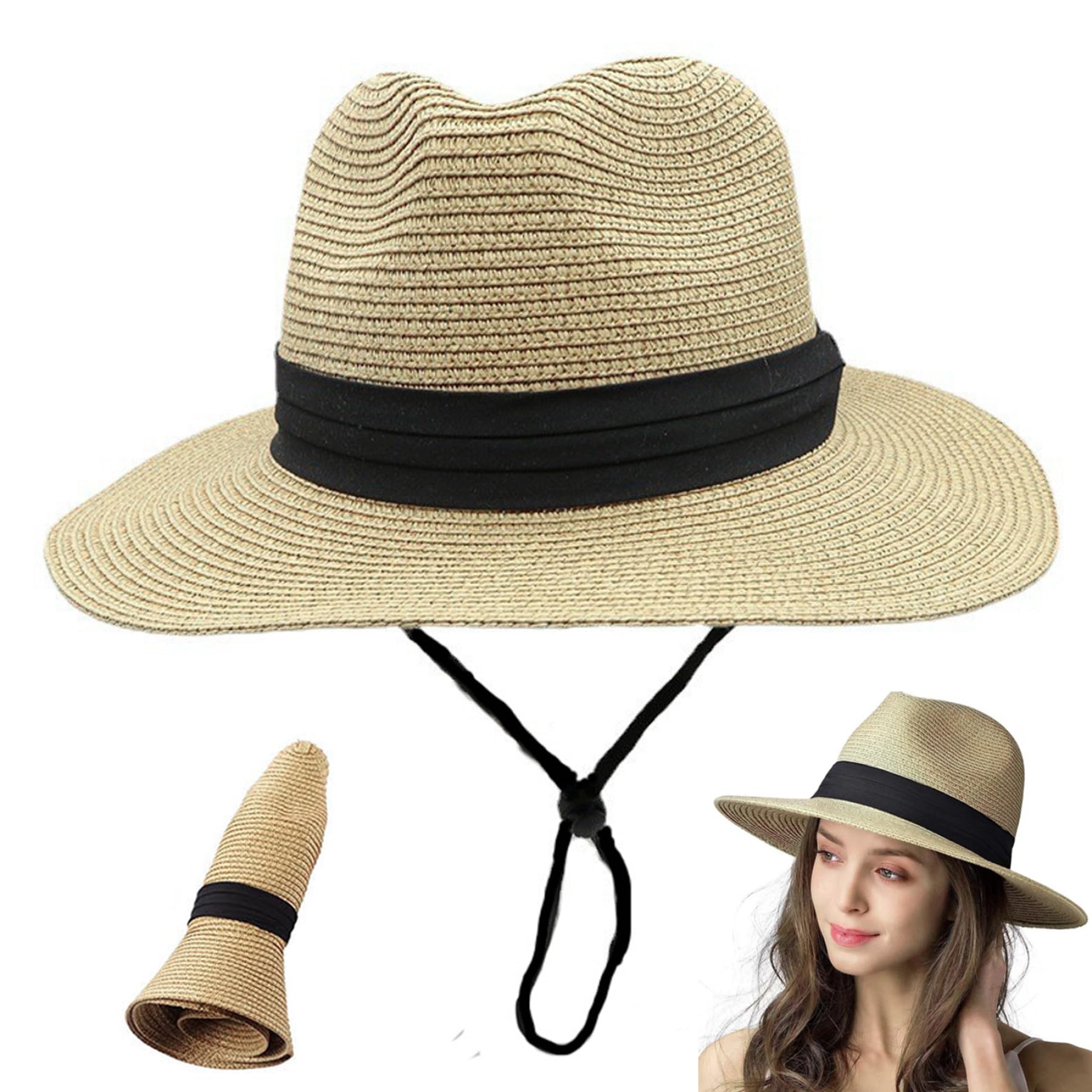 SouiWuzi Beach Hat Women Men UPF 50+ Ajustable Sol de Paja Sol Borreos Anchos Sombrero de Verano Plegable con Cuerda a Prueba de Viento para Elementos Esenciales de Viajes, Sombrero de Sol de Paja