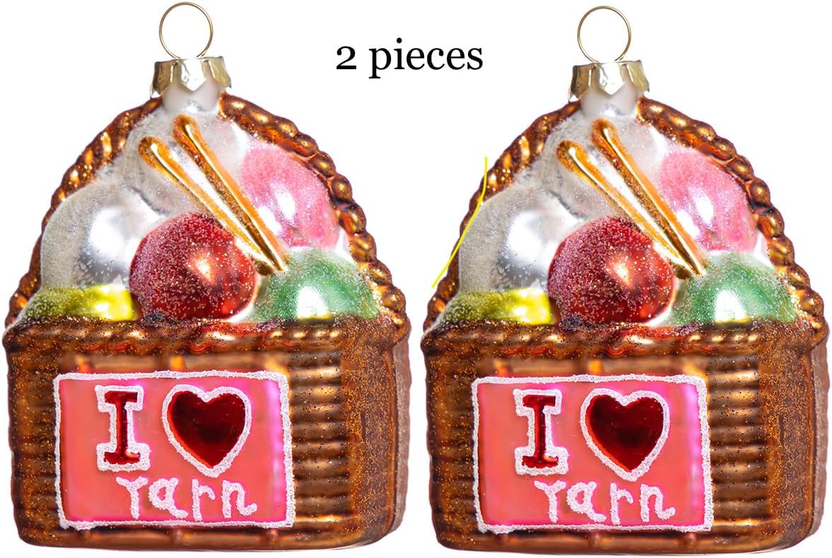 Set of 2 Hand Blown Glass Basket of Knitting Yarn Christmas Ornament, Hanging Glass Crochet Yarn Ornaments for Christmas Tree - Image 2