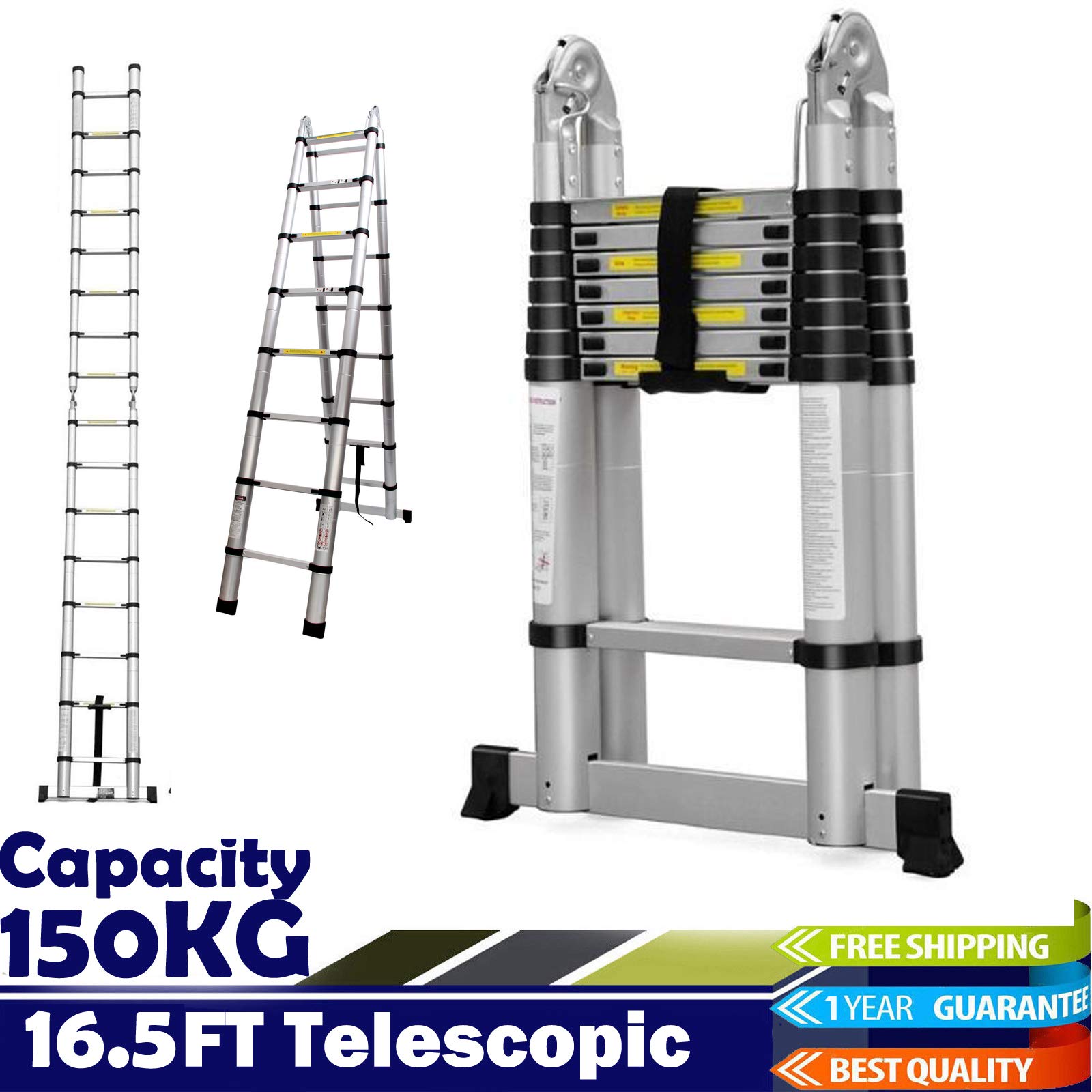 DICN Telescoping Ladder 16.5 Feet Aluminum Extension Ladder with Stabilizer Bar 330lbs Max Load for Home Builder Supply RV Roof Work Camper