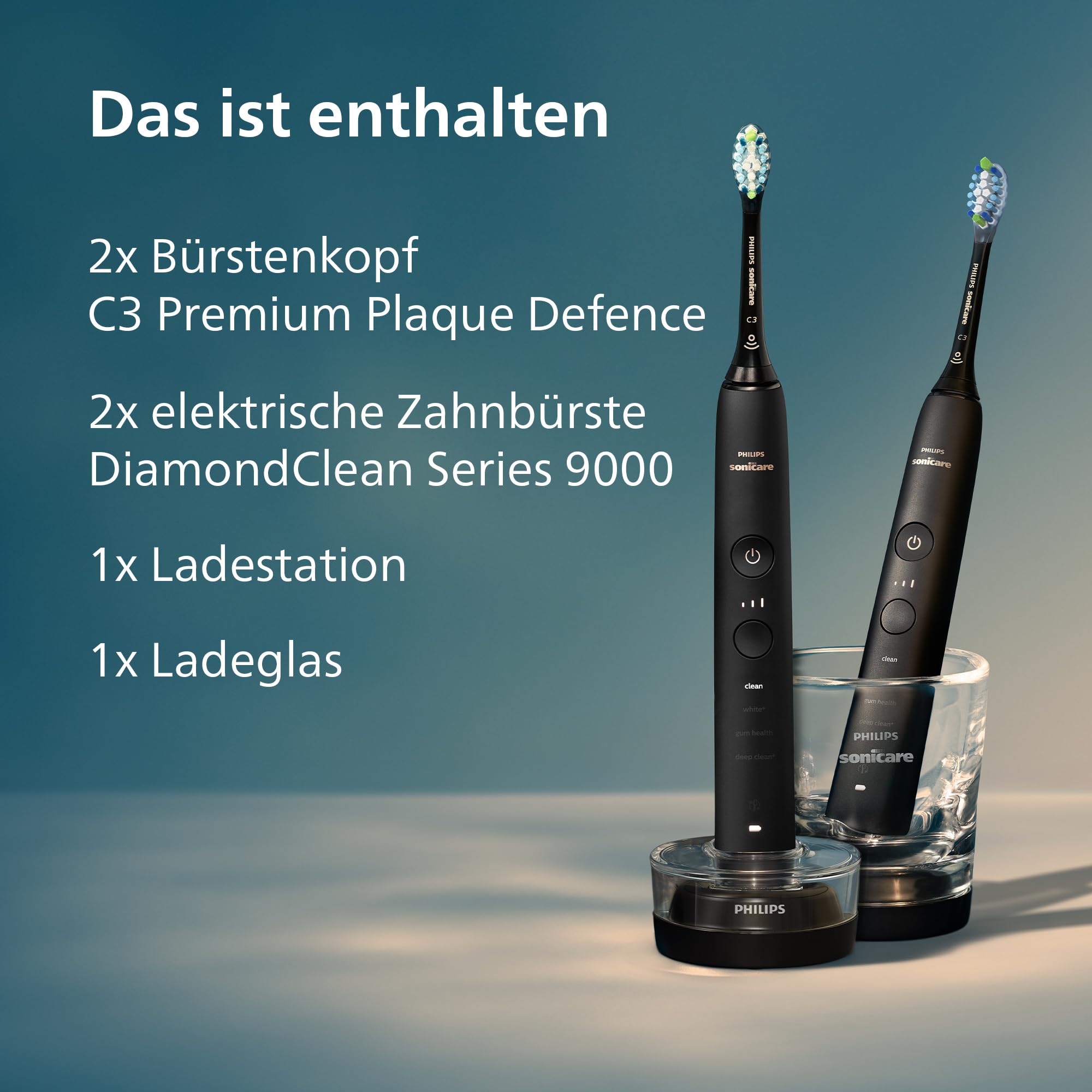 Philips Sonicare DiamondClean 9000 elektrische Zahnbürste, Schallzahnbürste mit App, Andruckkontrolle, 4 Putzmodi, 3 Intensitätsstufen, Ladeglas, Schwarz, Zweierpack, HX9914/54