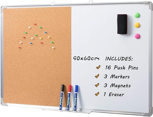 DOEWORKS 36" x 24" Magnetic Whiteboard & Cork Board Combo Board Set, Wall Mounted Notice Bulletin Board Dry Erase/Cork Board Combination with Aluminum Frame