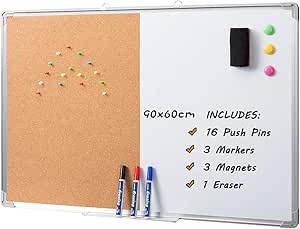 DOEWORKS Pizarra Blanca Mixta Magnética y Corcho, Pizarra Combinada Doble Uso, Tablero de Anuncios de Corcho, Magnético de Pizarra Blanca con Marco de Aluminio, 90 * 60cm