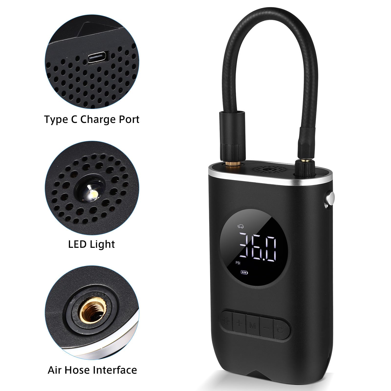 ORFOFE Inflador de Neumáticos Portátil para Automóvil y Motocicleta 70w | 4000mah, 7.4v, Negro, Abs Componentes Electrónicos, Led, Boquillas Incluidas y Cable de Alimentación