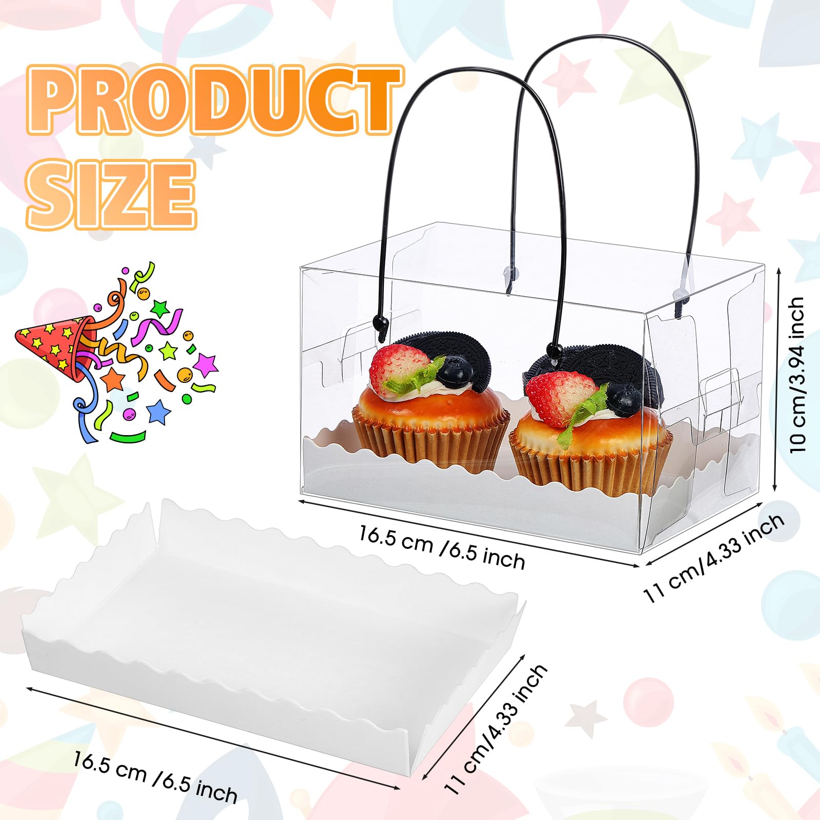 Thenshop Lot de 20 boîtes à cupcakes rectangulaires en plastique transparent avec poignées pour pâtisserie, biscuits, bonbons, gâteaux, friandises, desserts, cadeaux pour cupcakes (16,5 x 10,9 x 10,2