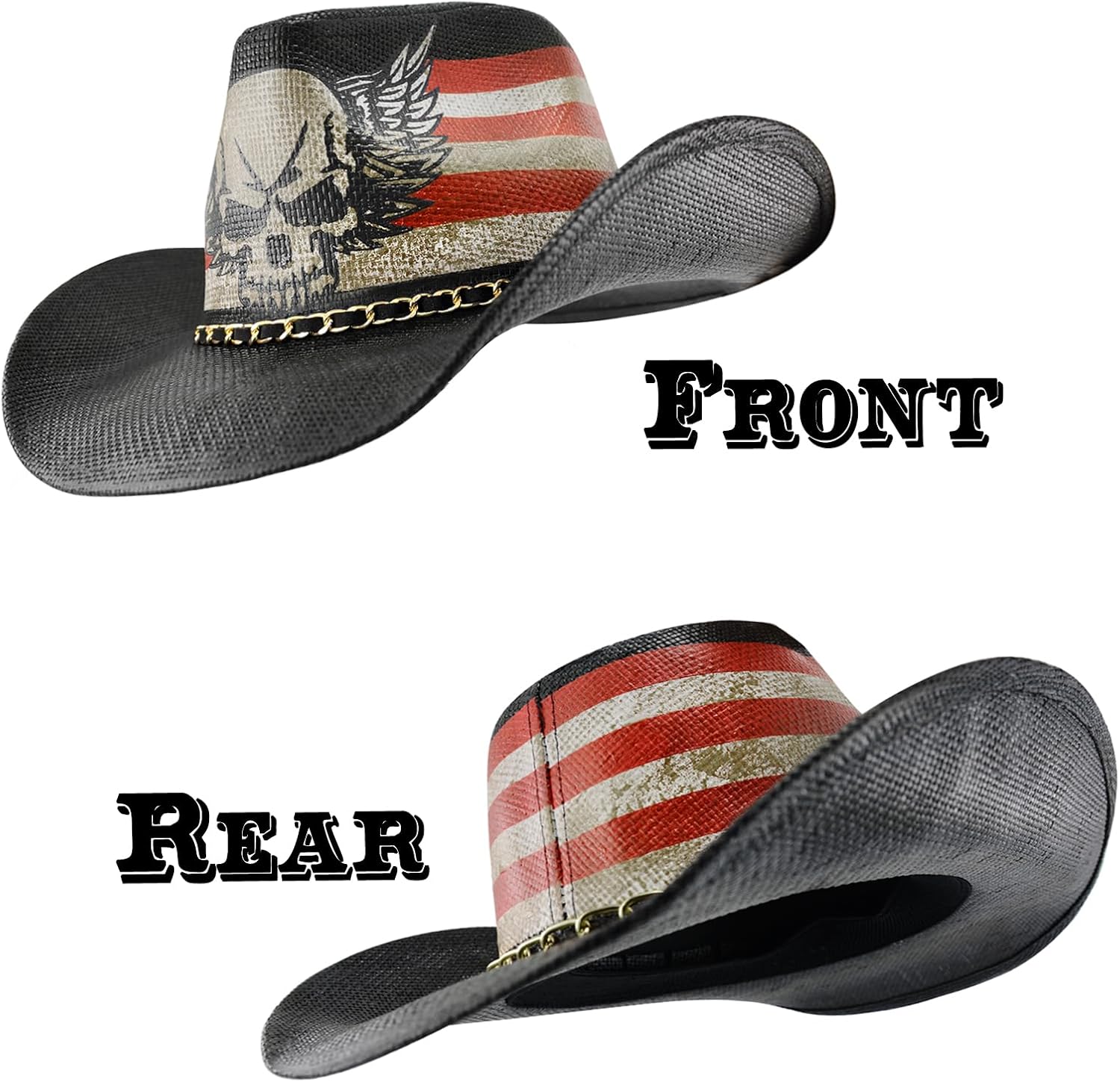 FLUFFY SENSE. Vintage Cowboy Hat USA American Flag Classic Western Style Tea Stained Patriotic Unisex Cowboy Cowgirl Hat with Shapable Brim, Skull Wings - Image 3