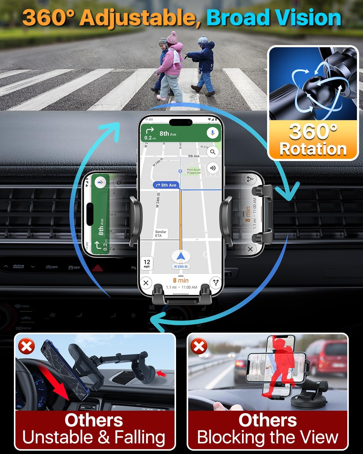 HTU 【Military-Grade Car Phone Holder,【Strongest & Longest Steel-Hook】 Car Vent Mount, Handsfree 360° Adjustable Automobile Cradle Air Clip Stand for iPhone 17 16 15 14 Pro Max Samsung,Sapphire Blue