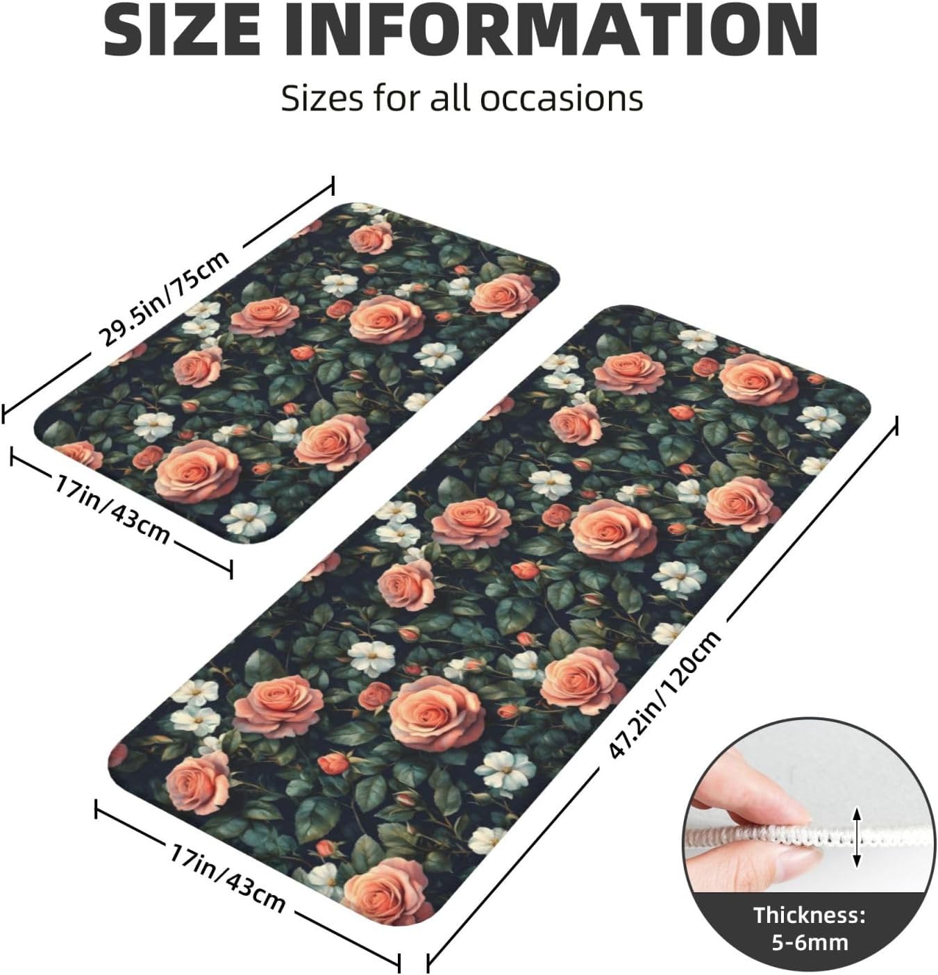 Pink Rose Print Kitchen Rugs Sets of 2 Non Slip Washable, Anti Fatigue Kitchen Mats for Floor, Home Decor