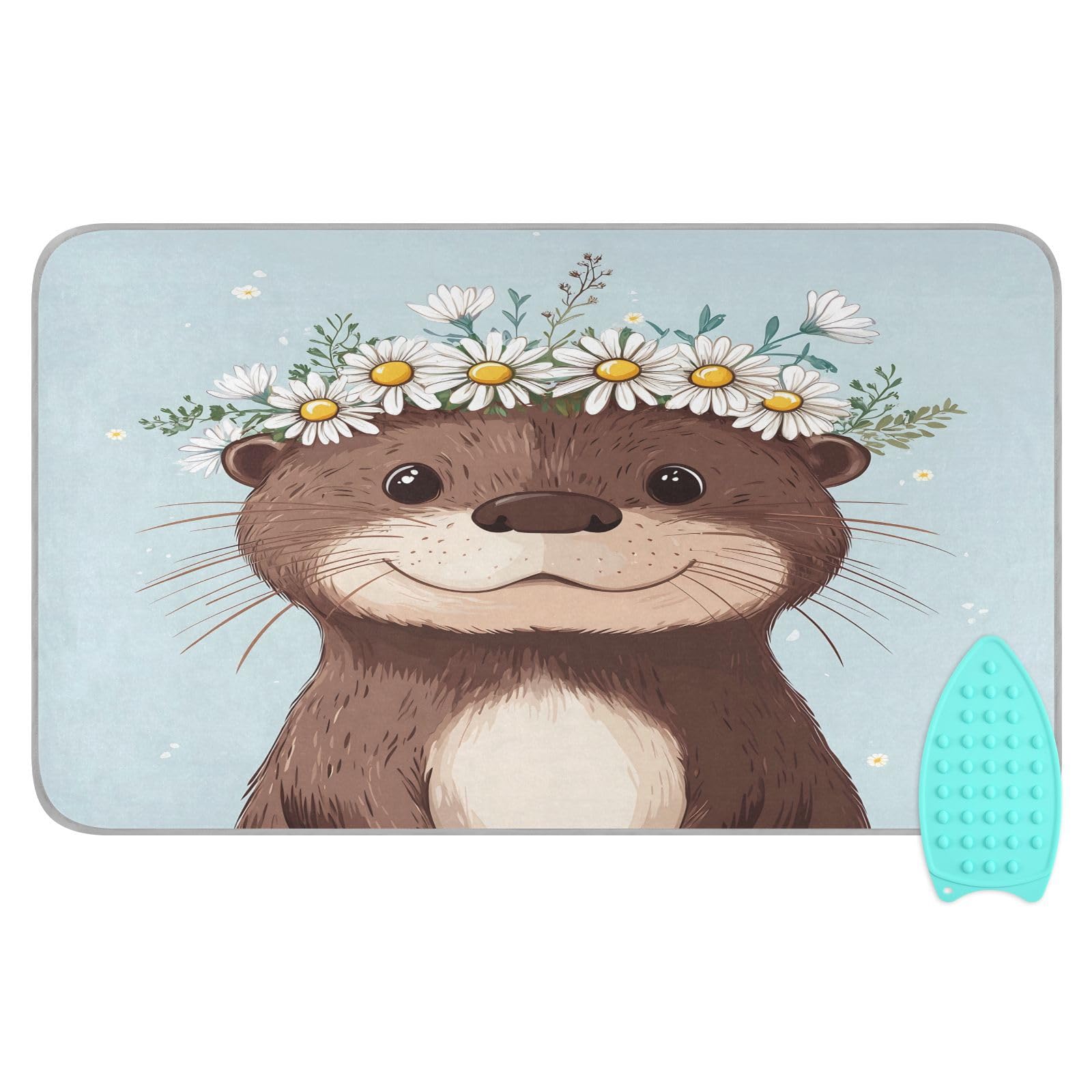 pnyoin Portable Ironing Mat Cute Otters with Daisies Travel Ironing Pad with Silicone Iron Rest for Steam Pressing on Tabletop or Bed Heat Resistant Portable Quilting & Travel Blanket