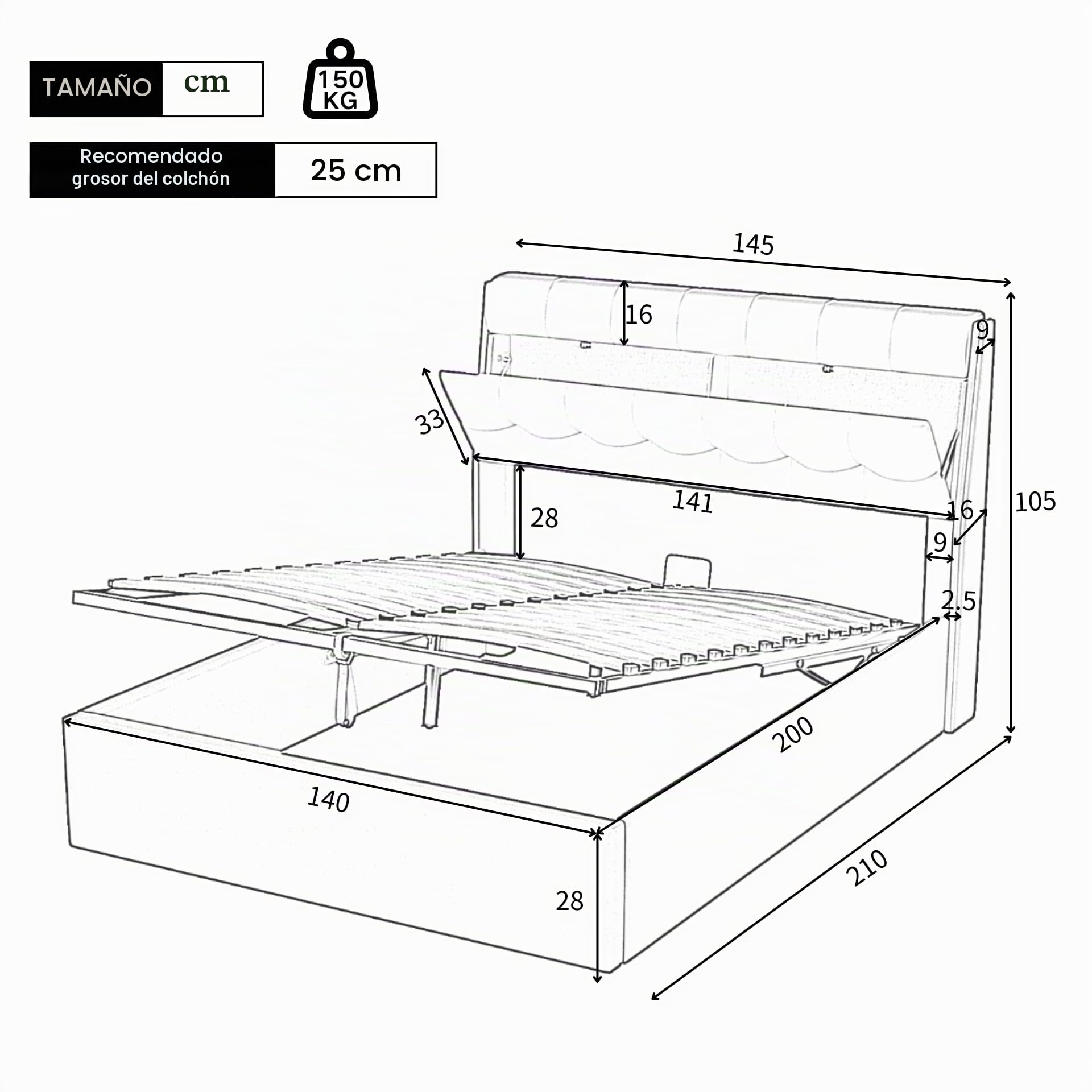 LUBVTTI Cama Acolchada De Matrimonio Con Cabecero Y Contenedor, Estructura De Cama De 140 X 200 Cm Con Somier De Láminas, Poliuretano, Color Blanco