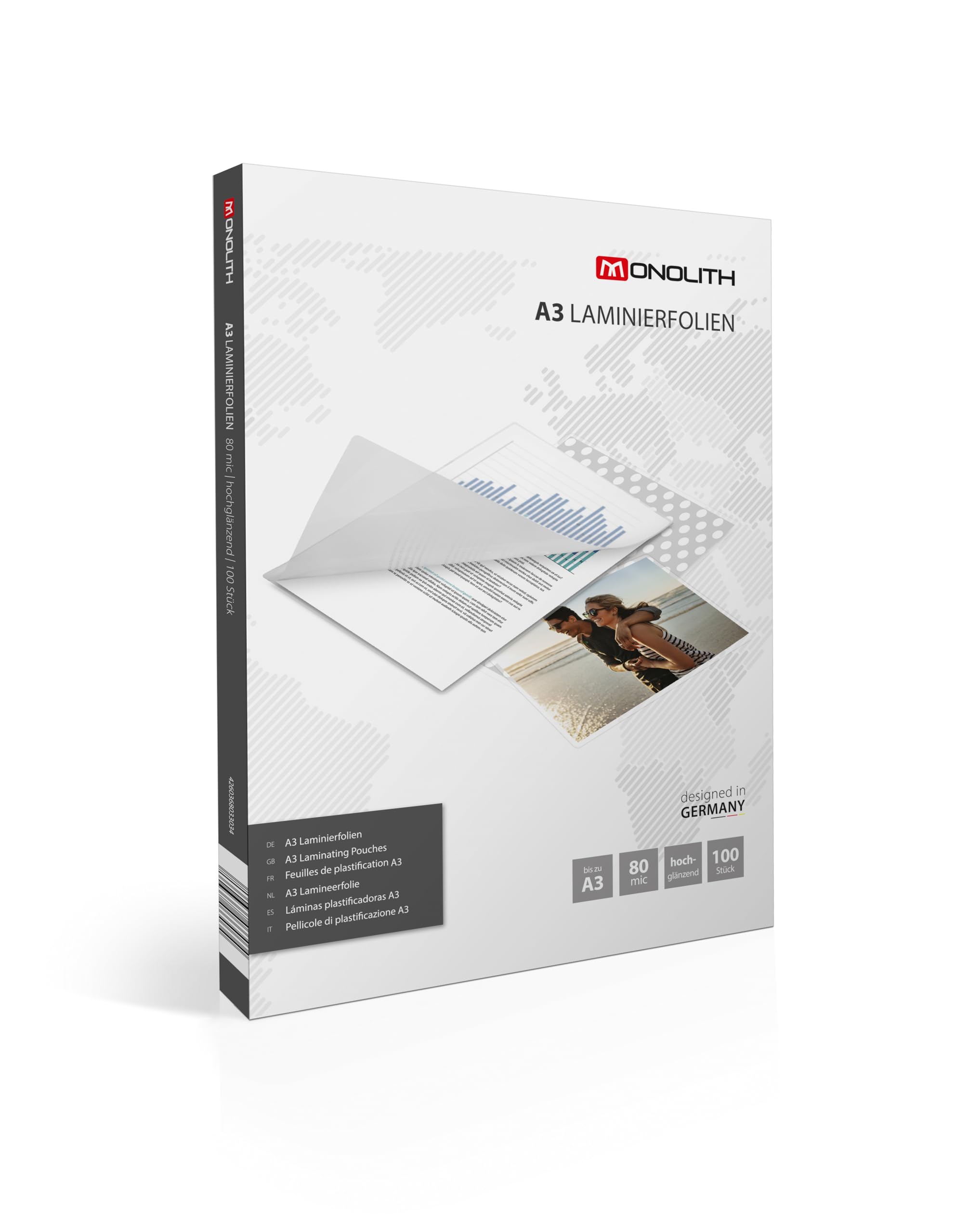 Monolith - DIN A3, 80 mic Laminating Films in a Pack of 100 Pieces, Lamination Cases, high Gloss and Transparent, Laminating Sleeves for documents and Photos