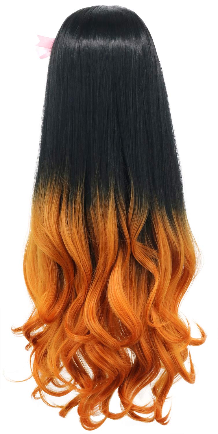 yuehong Long Curly Black Orange Women Wig Anime Cosplay Soft Breathable Wig Heat Resistant Synthetic Fibers Daily Party Costume Hair with Pink Hairpin