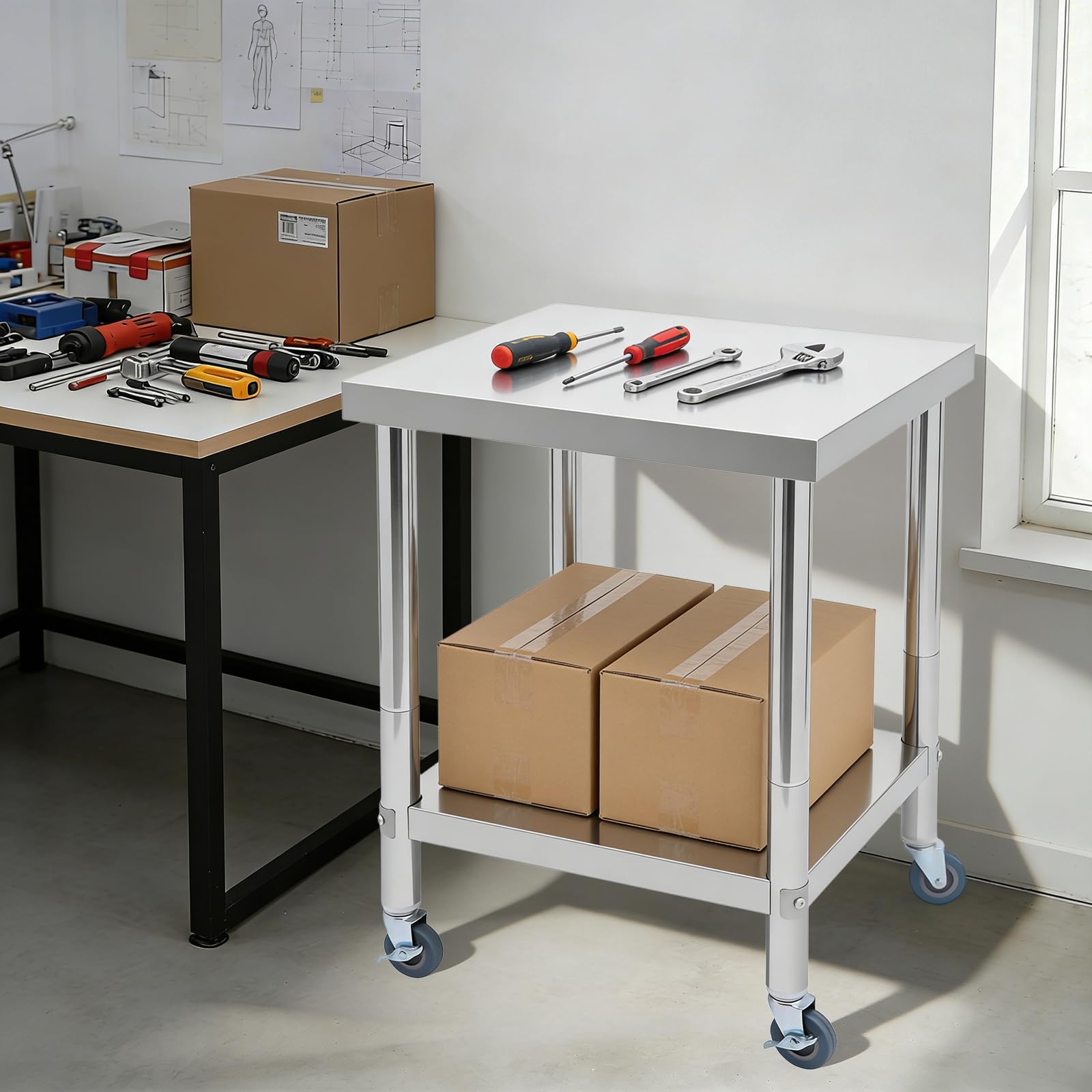Tavolo da lavoro in acciaio inox, tavolo da lavoro cucina, preparazione in acciaio inox a 2 livelli, stoccaggio a 2 livelli, dotato di 4 ruote di cui 2 con freno, carico 300 kg, cucina ristorante