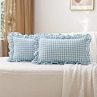 Vista 53 de Paquete de 2 fundas de almohada europeas a cuadros azul polvoriento, blanco, a cuadros, 100% algodón lavado, a cuadros, estilo francés, rústico