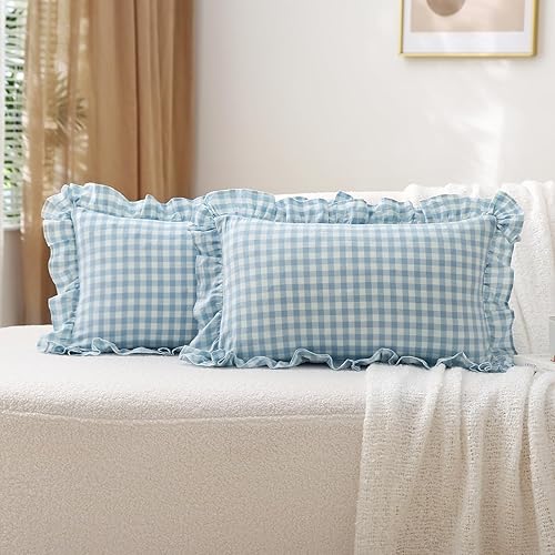 Miniatura 53 de Paquete de 2 fundas de almohada europeas a cuadros azul polvoriento, blanco, a cuadros, 100% algodón lavado, a cuadros, estilo francés, rústico