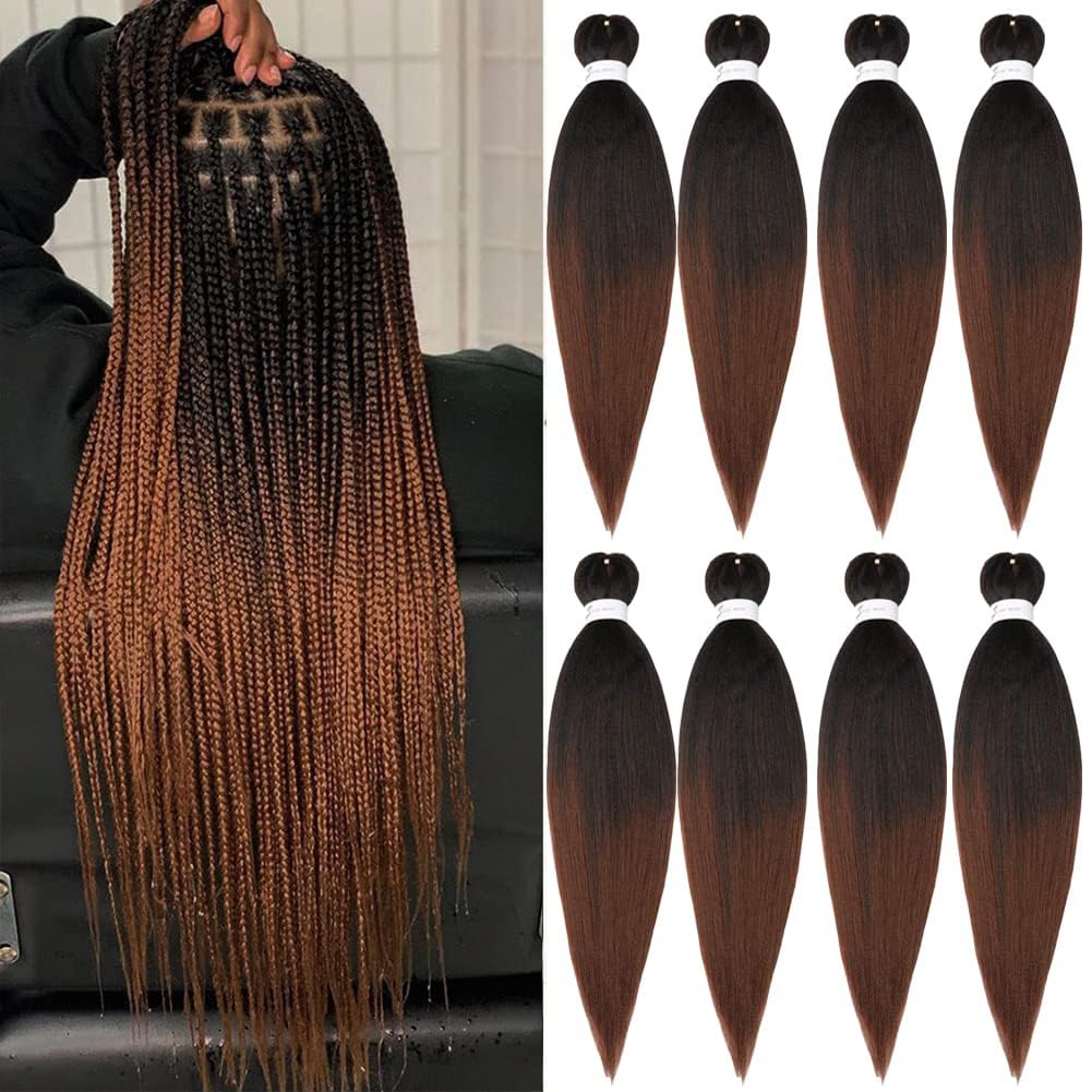 Pre-stretched Braiding Hair 26 Inch 8Packs Omber Brown Braiding Hair, Box Braid Hair Soft Yaki Texture Hot Water Setting Synthetic Kanekalon Braiding Hair Pre Stretched (26 Inch,1B/30#)