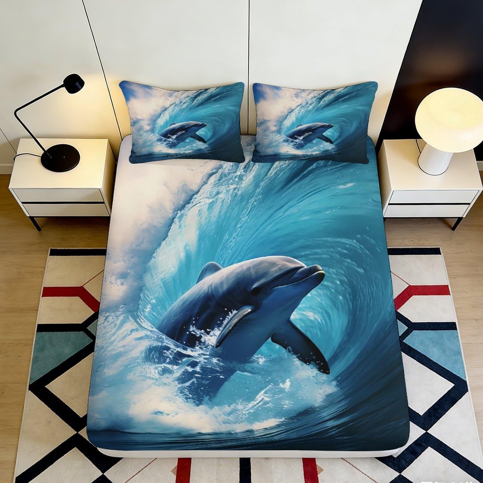Uynsixtme Style-1 3D Printed Dolphin Fitted Sheet Microfiber Deep Pocket Non-Slip Bedroom Dolphin Mattress Fitted Cover Washable For All Ages 140X200x25cm