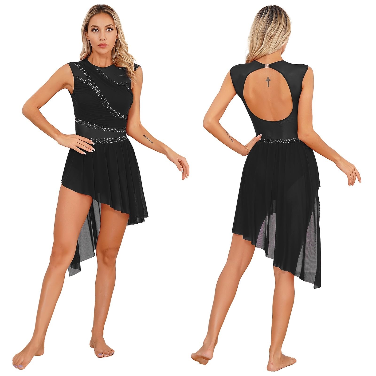 Eiskunstlauf Kleid Ärmellos mit Strasssteinen Damen Lyrisches Tanzkostüm Gymnastik Trikot Ballett