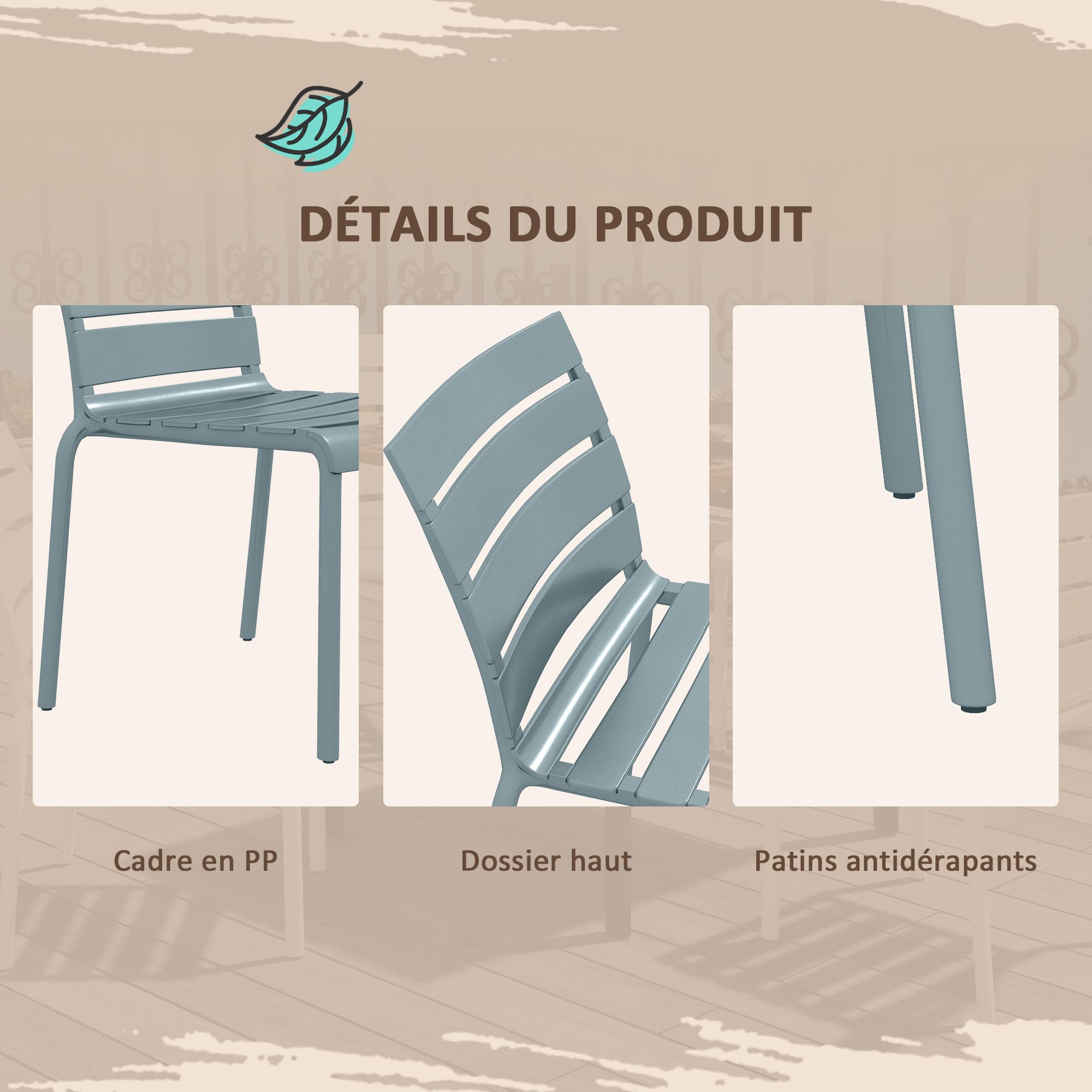 Outsunny Lot de 4 chaises de Jardin chaises de Bistro empilables avec Assise et Dossier à Lattes dim. 42L x 54l x 78H cm Gris