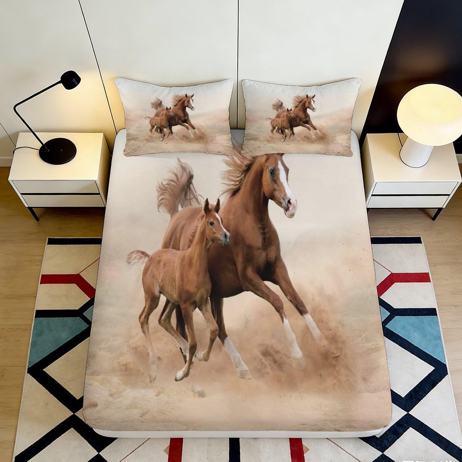 3D Printed Running Horse Fitted Sheet Microfiber Soft Brown Stallion Mattress Cover for Bedroom Guest Room Decor 90x200x25cm