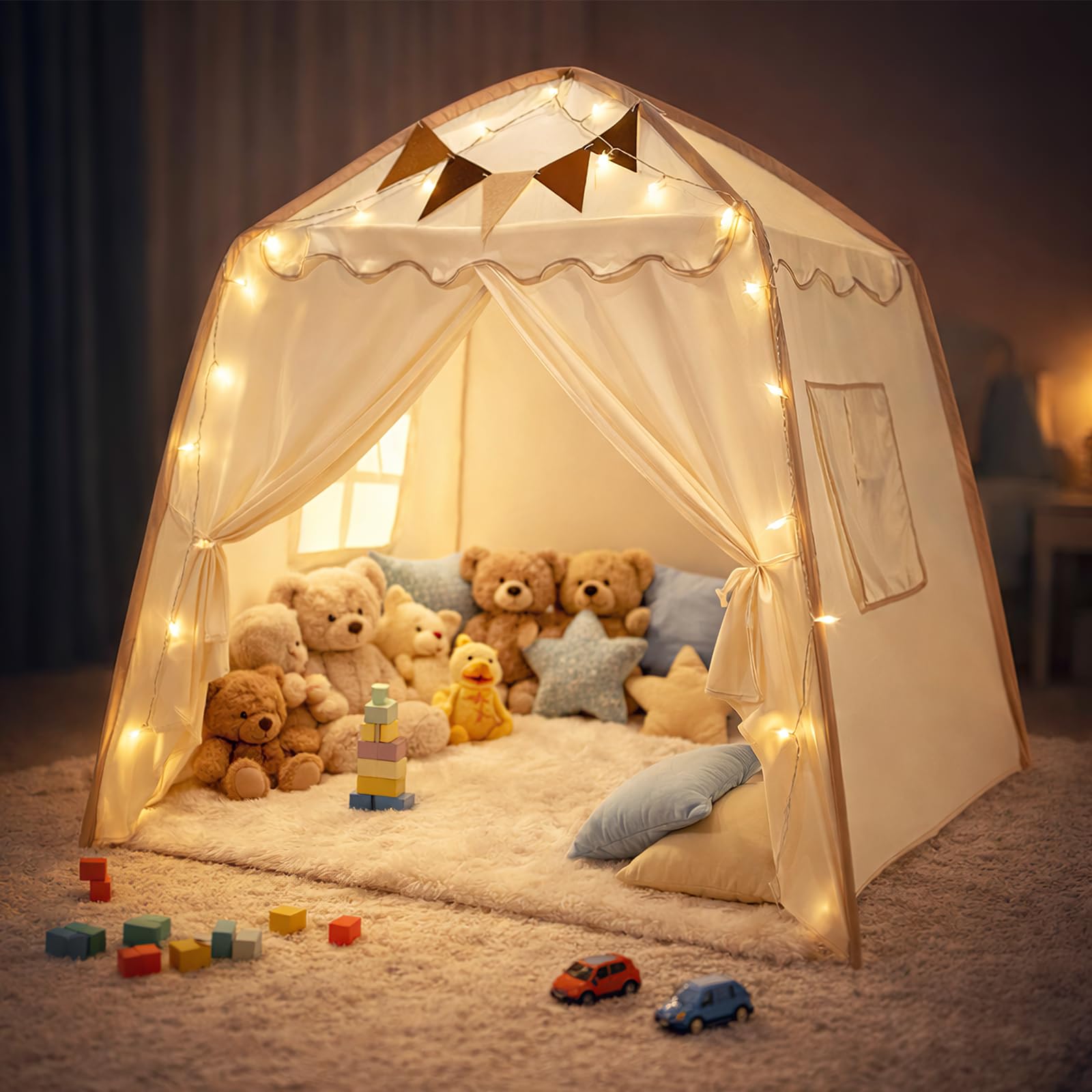 Children's Tent Teepee Cabins for Children with Lights and Flags Playhouse Princess Tent Large Playhouse Gift with Windows for Indoor and Outdoor