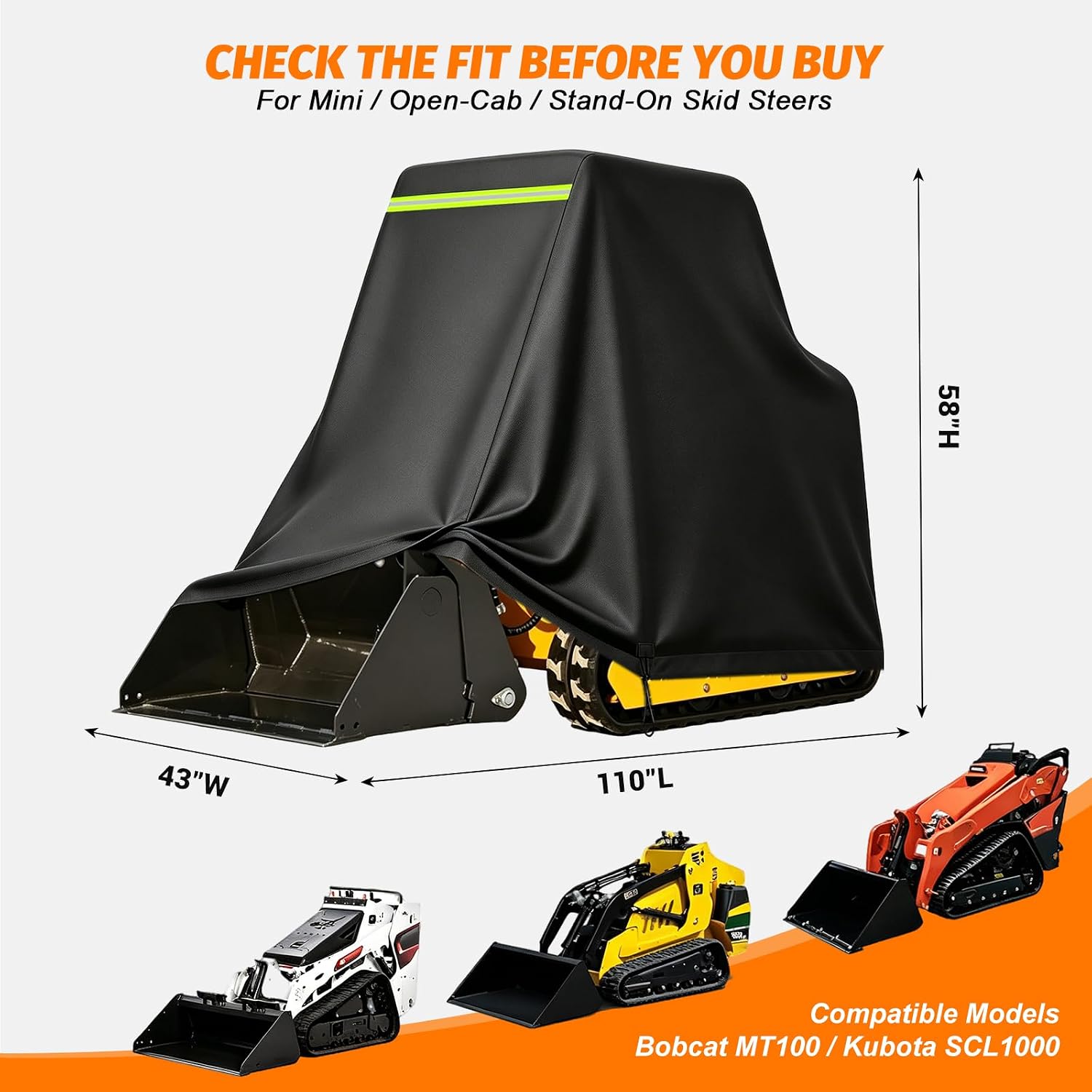 Mini Skid Steer Loader Cover, 110 x 43 x 58 in, 600D Waterproof Oxford image 2
