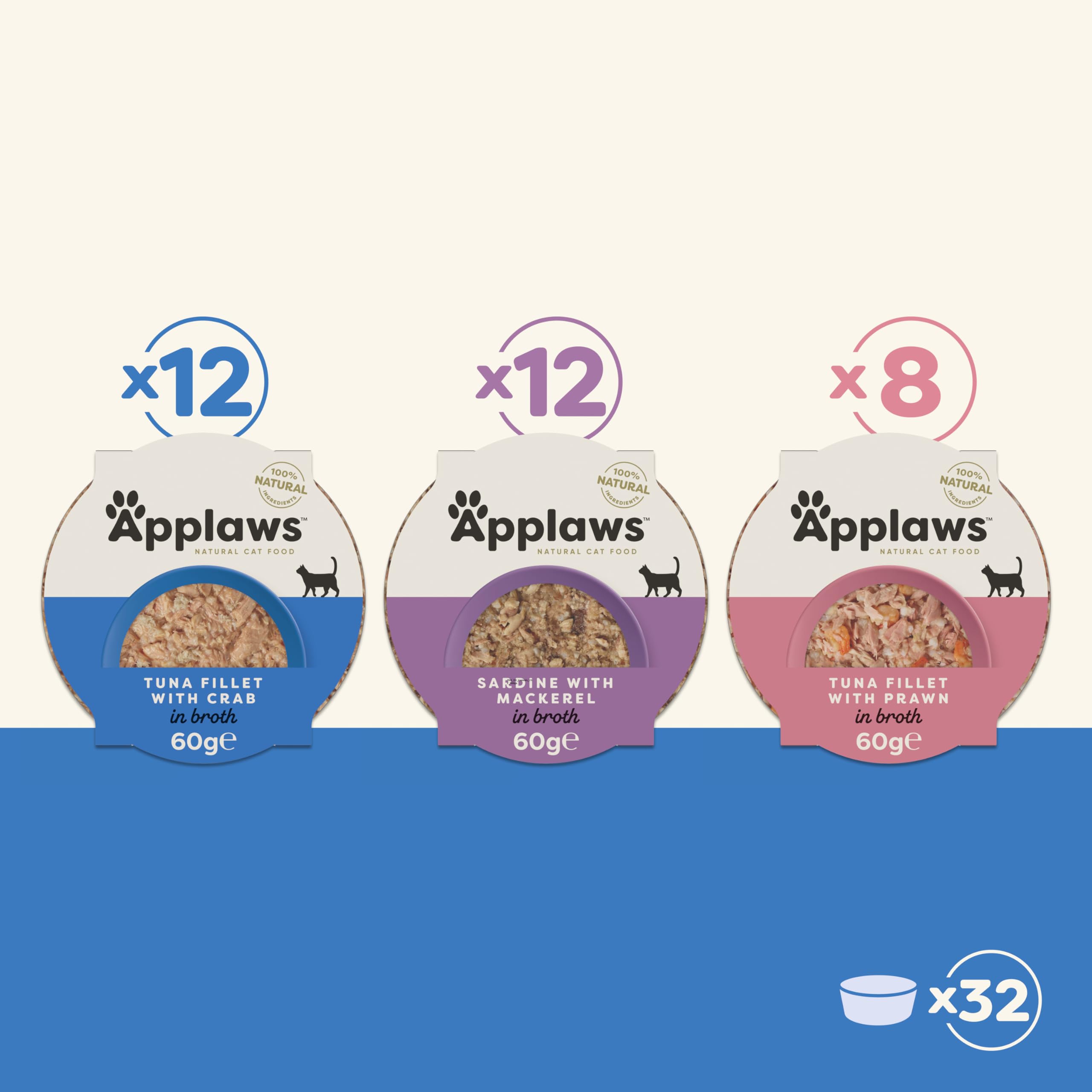 Applaws Olla de Comida húmeda 100% Natural para Gatos, Paquete múltiple de selección de Pescado en Caldo, macetas de 60 g (Paquete de 4, 32 macetas en Total)