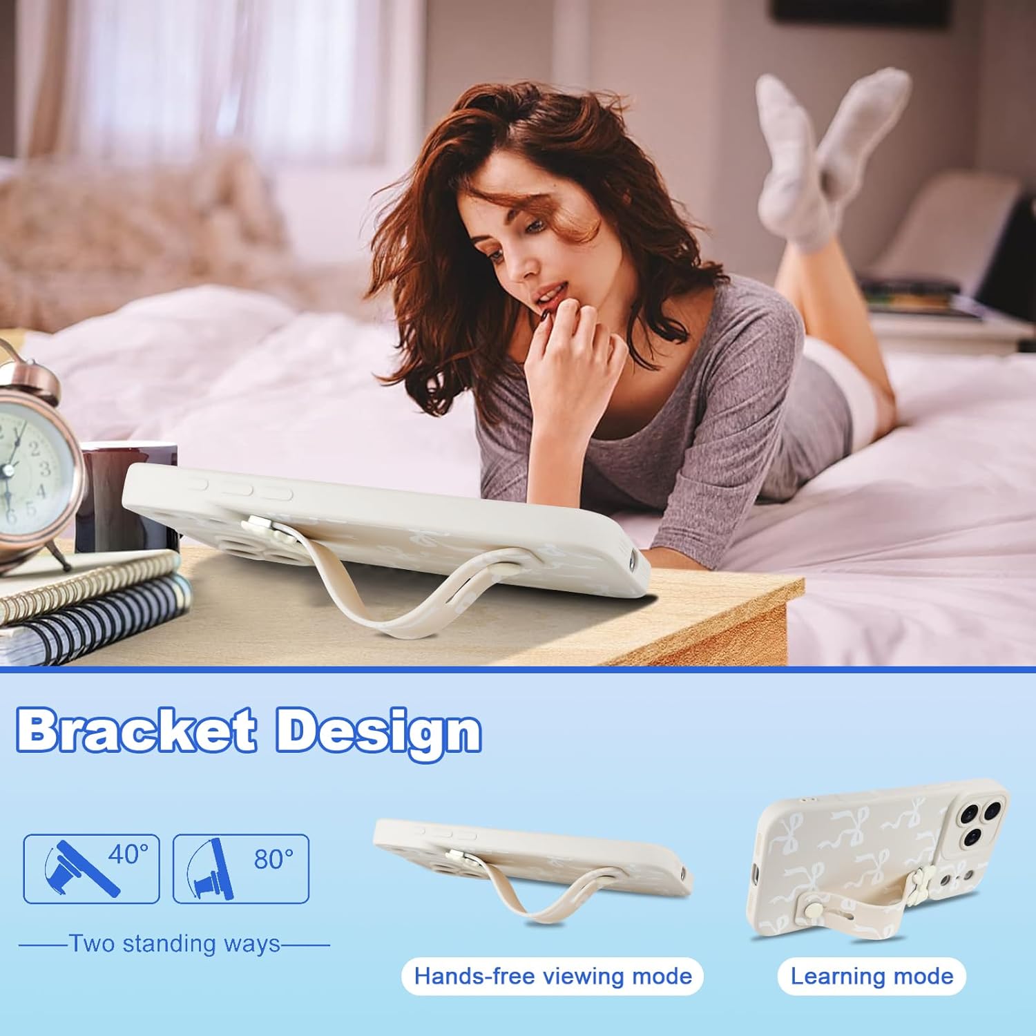 OOK Case for iPhone 17 Pro Max Case with Screen Protector, Cute Bow Design with Adjustable Wristband Strap Kickstand Slim Soft TPU Rubber for Women Girls Phone Cover-White - Image 7