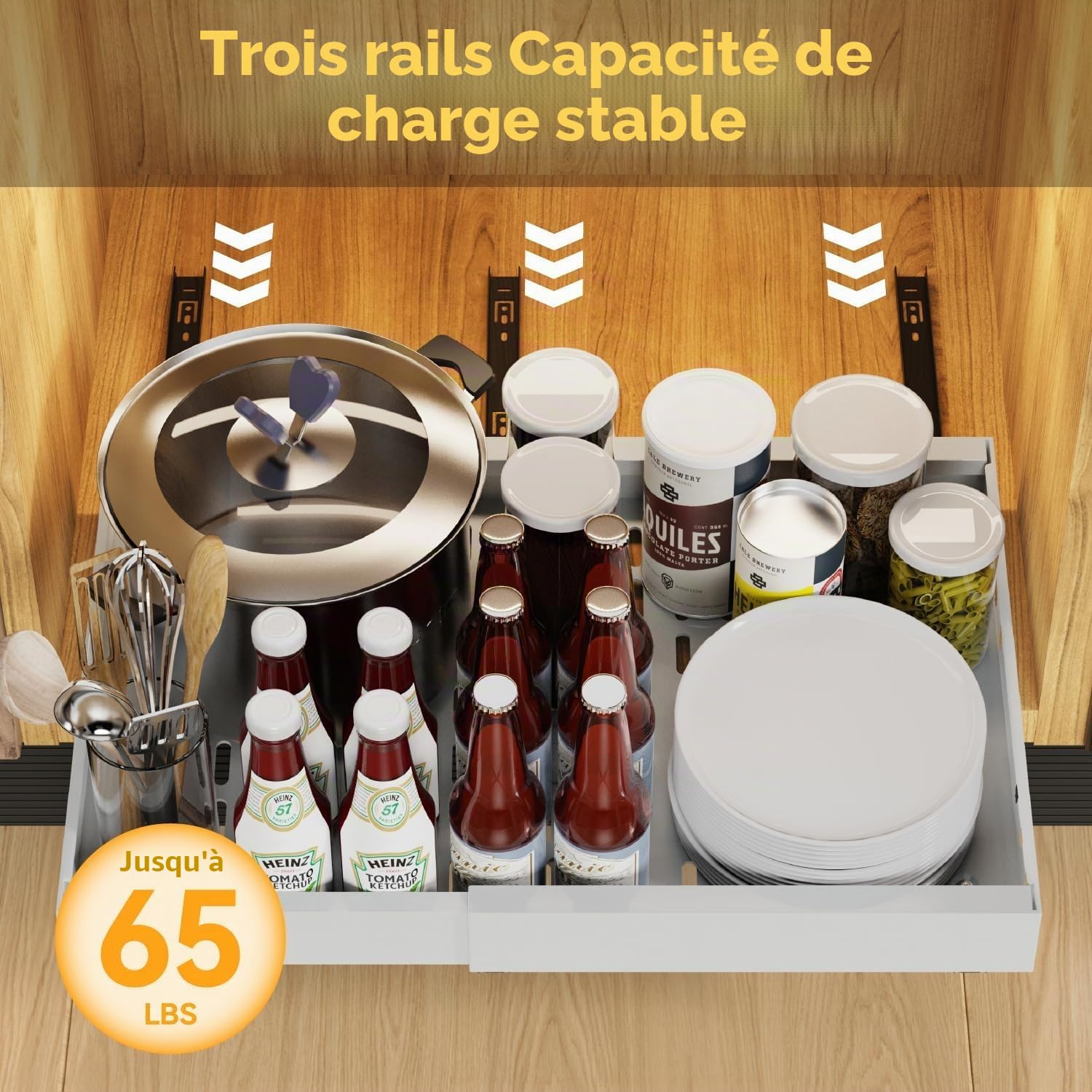 iHomara Pack de 2 organisateurs de placard extensibles avec adhésif, tiroirs coulissants pour cuisines, étagères coulissantes pour l'organisation, largeur réglable de 32 à 53 cm