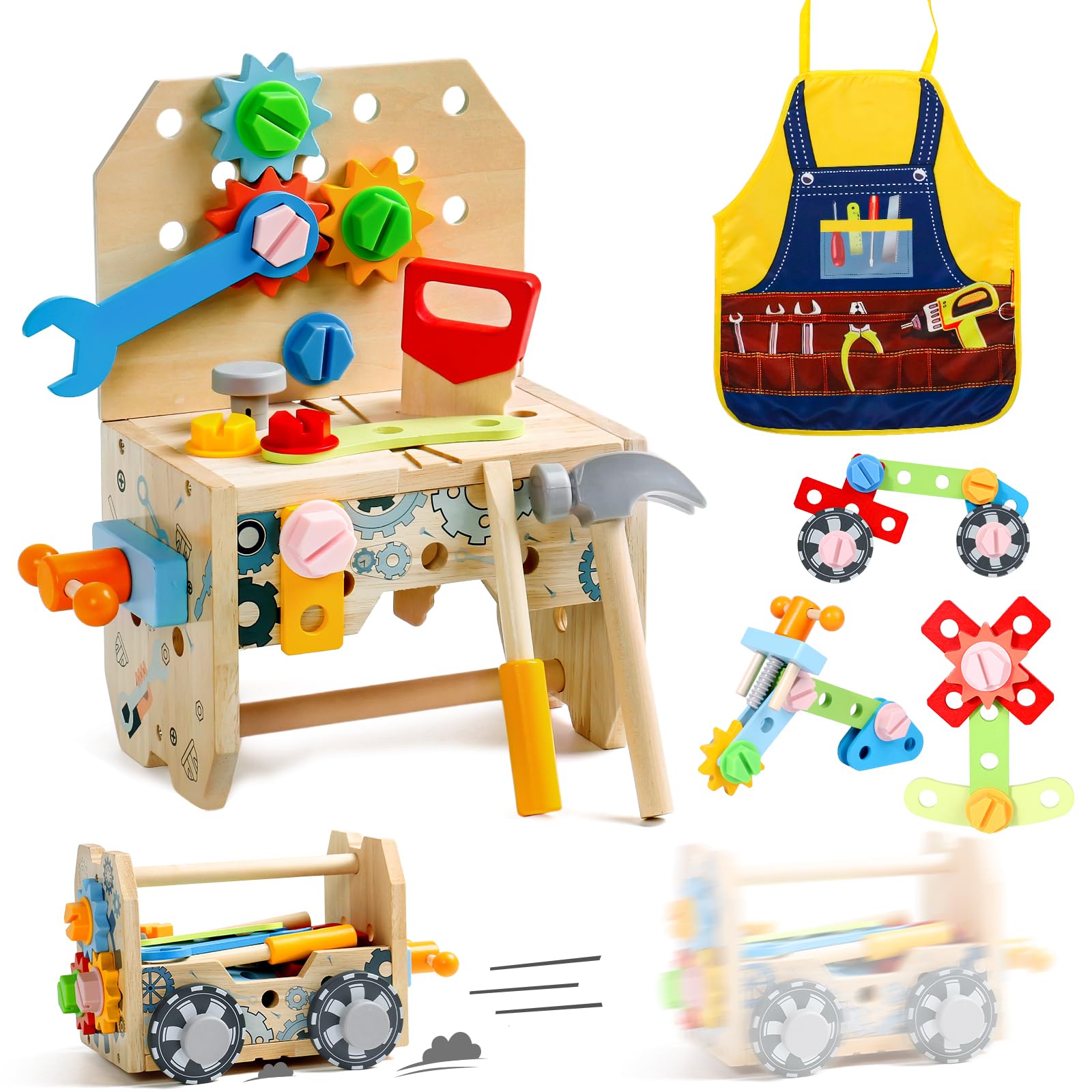 Caja Herramientas Juguetes Coche de Madera, 39 Piezas Juegos Construccion con Delantal Infantil, Herramientas Coche Juguetes Niños 2 Años Montessori Juegos Educativos, Regalo Niño Niñas 2 3 4 Años
