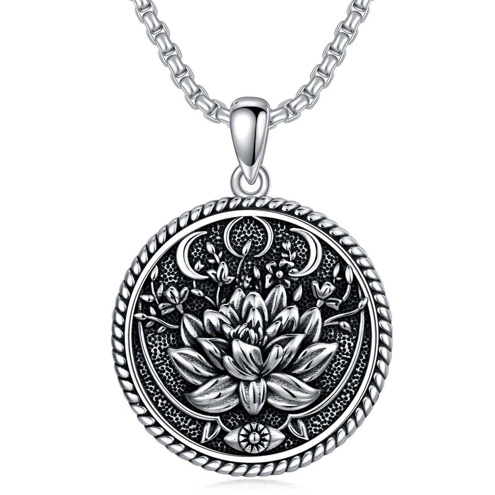 SeiyangBuddhism Neckalce 925 Sterling Silver Om Lotus Pendant Jewelry for Men Women With 2.5mm 22+2 IN Rolo Chain (with Gift Box)