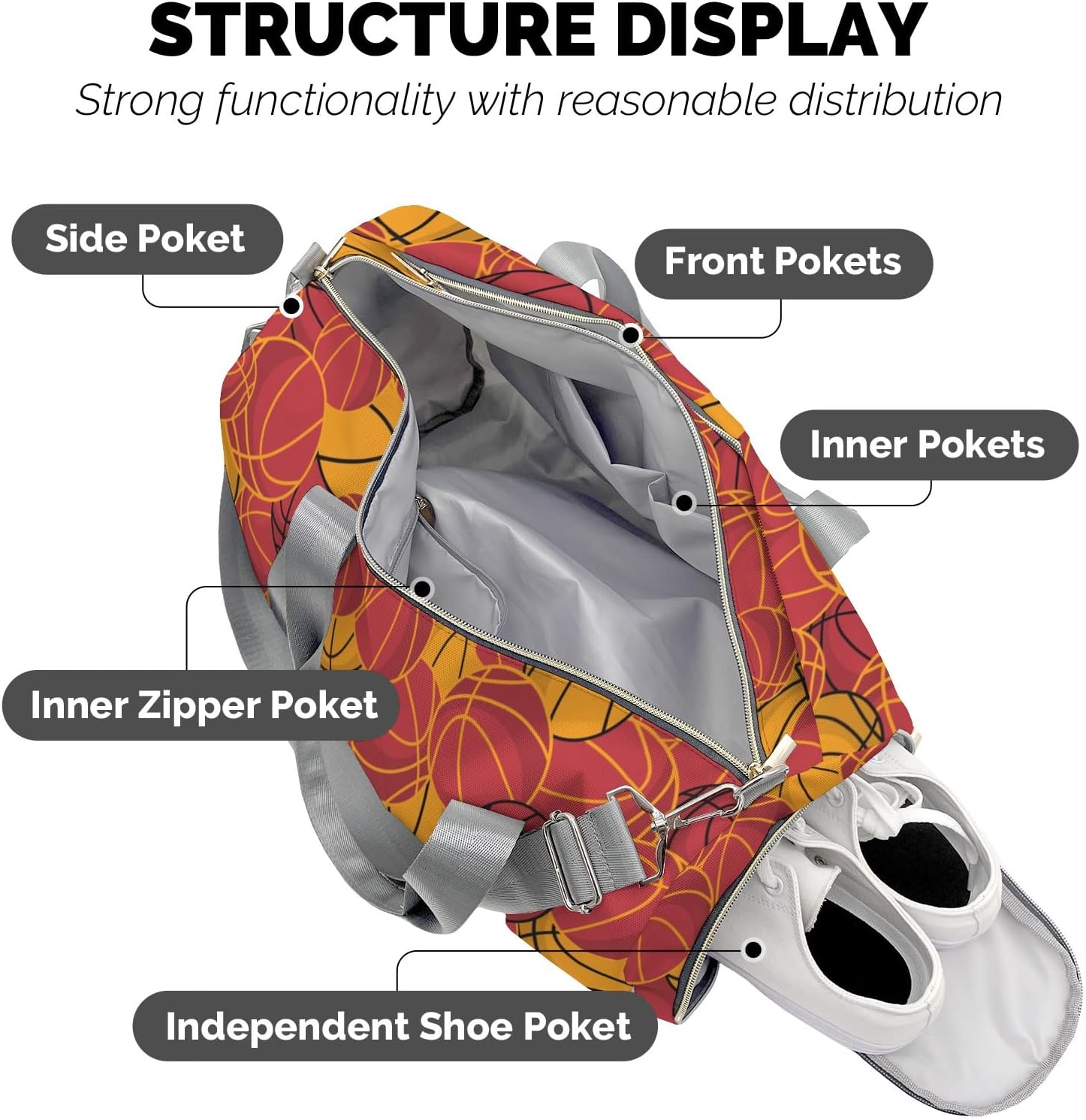Shoe Bag Red Yellow Basketball Sports Travel Bags Duffel Bag Gym Dance Sport Perform Training for Teens Women Men
