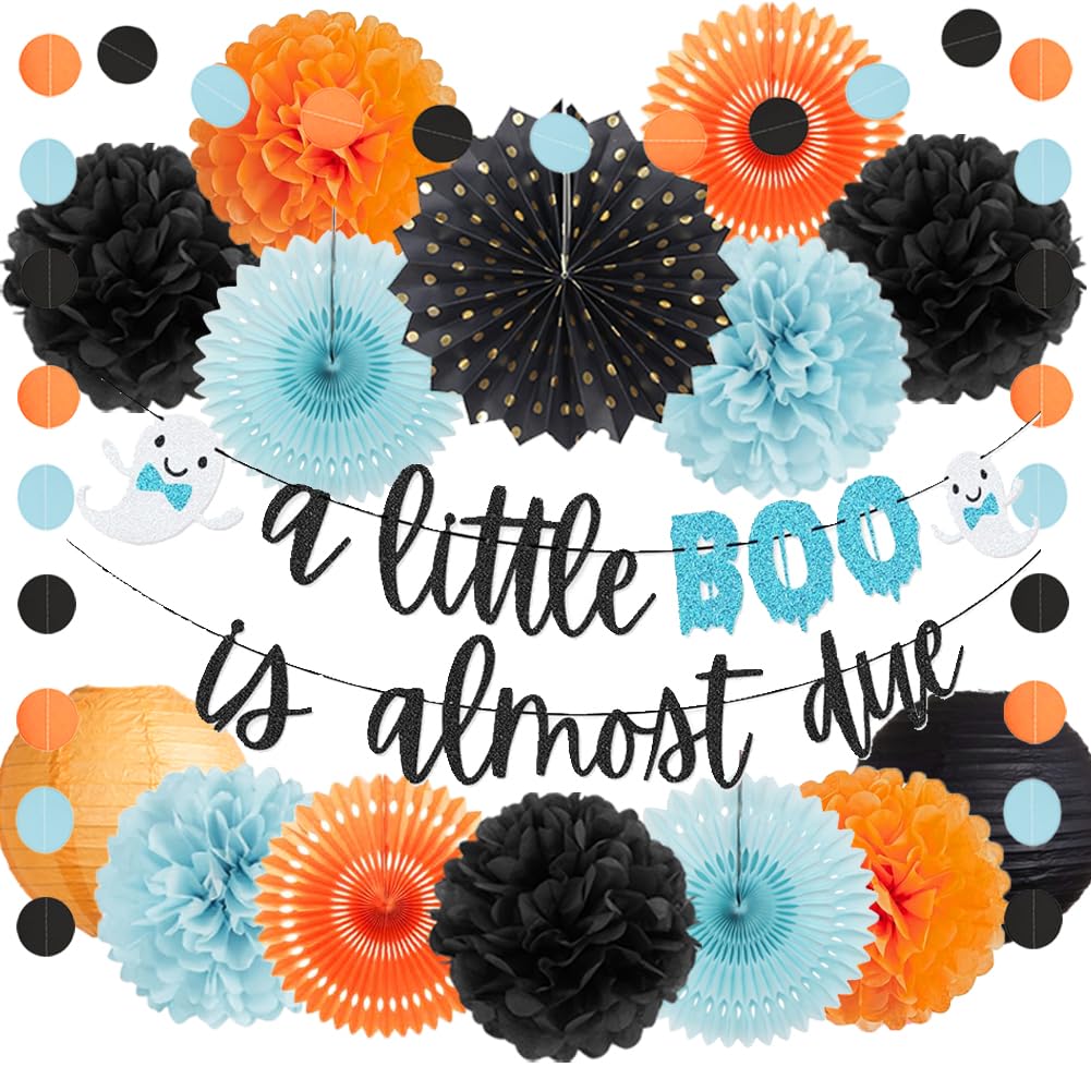 Halloween Baby Shower Decorations Boy A Little Boo Is Almost Due Banner Orange Black Light Blue Tissue Paper Pom Poms Fans Paper Lantern Halloween Ghost Gender Reveal Baby Shower Party Supplies